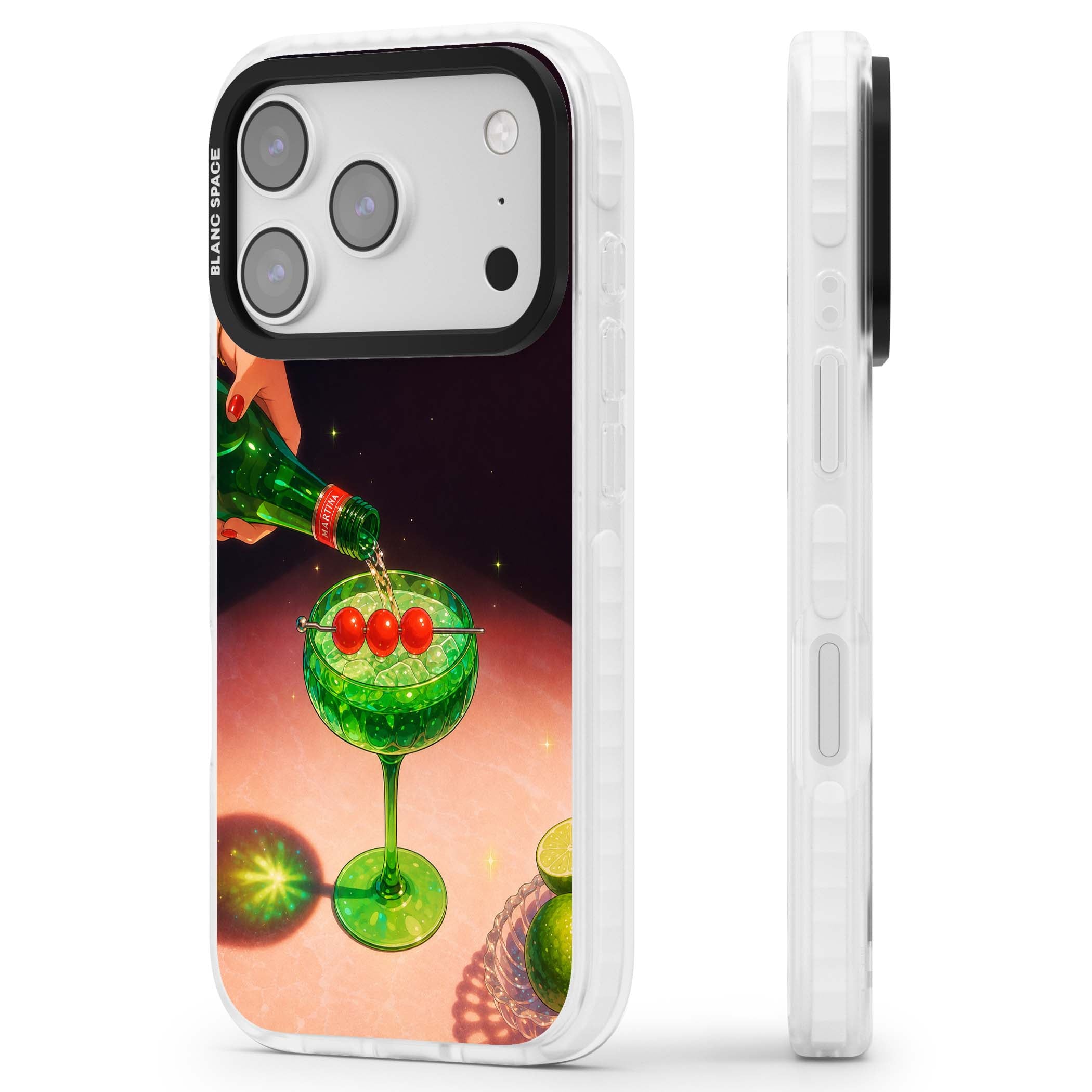 Absinthe Hour cocktail iPhone case featuring a green coupe glass, cherry garnish and vintage bottle pour illustration | Black Impact case for iPhone 17 Pro, iPhone 17 Pro Max