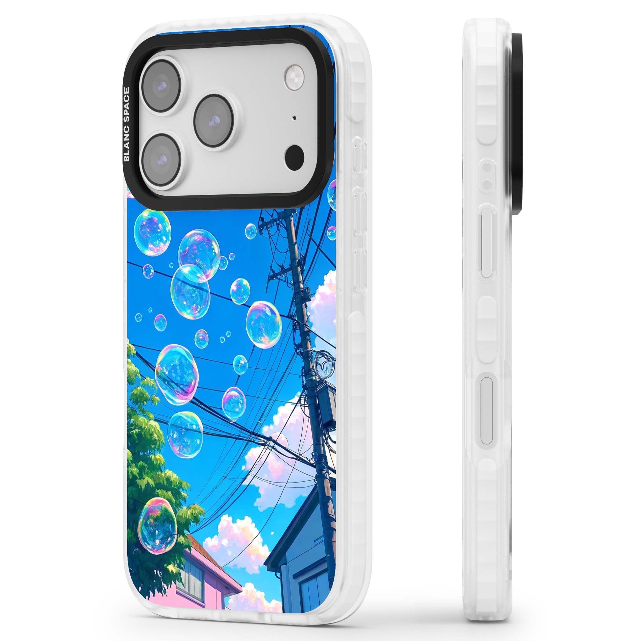 Suburban Bubbles anime iPhone case featuring iridescent soap bubbles, blue sky and Japanese telephone wires | Black Impact case for iPhone 17 Pro, iPhone 17 Pro Max