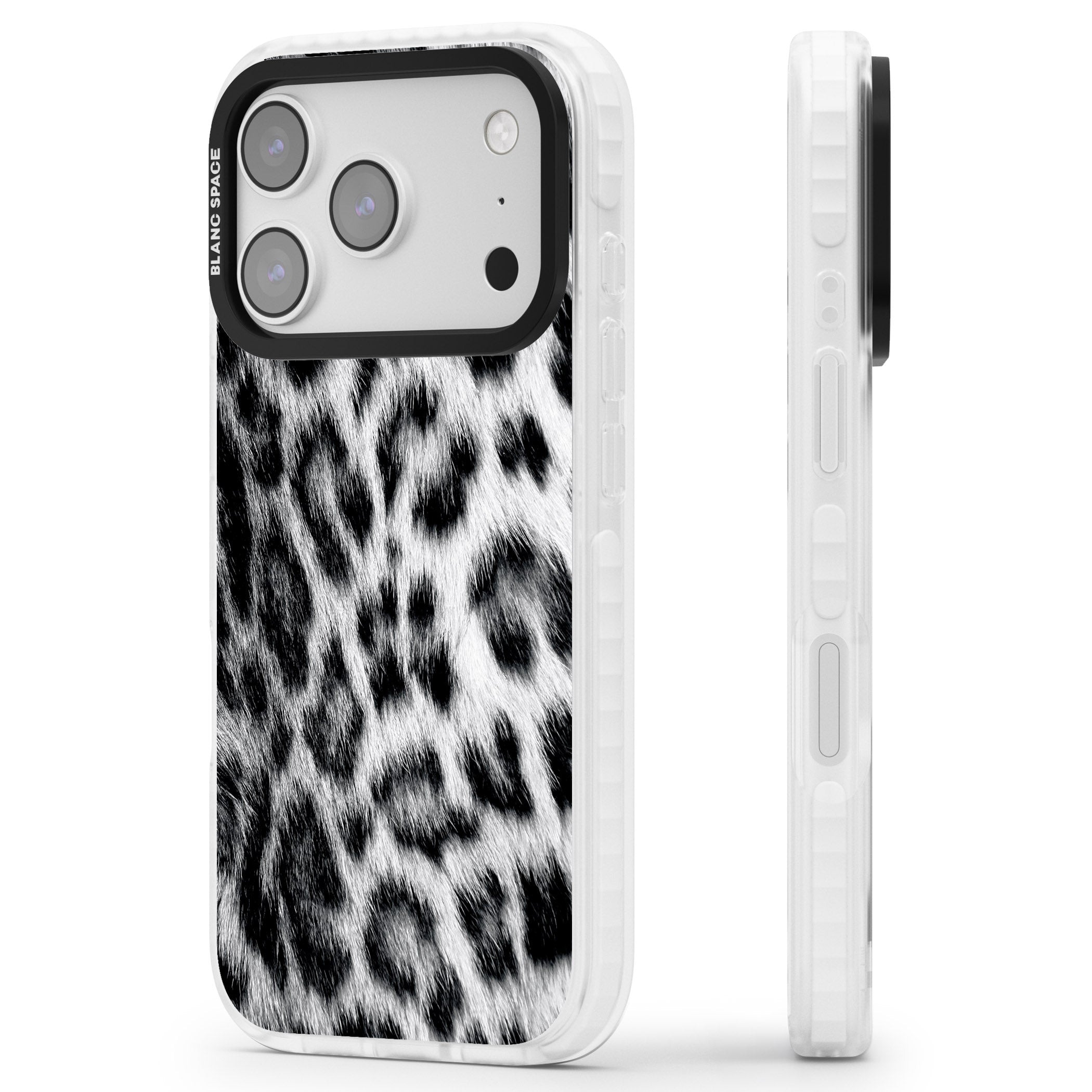 Animal Fur Pattern Snow Leopard iPhone 17 Pro Impact Clear Phone Case Side Profile