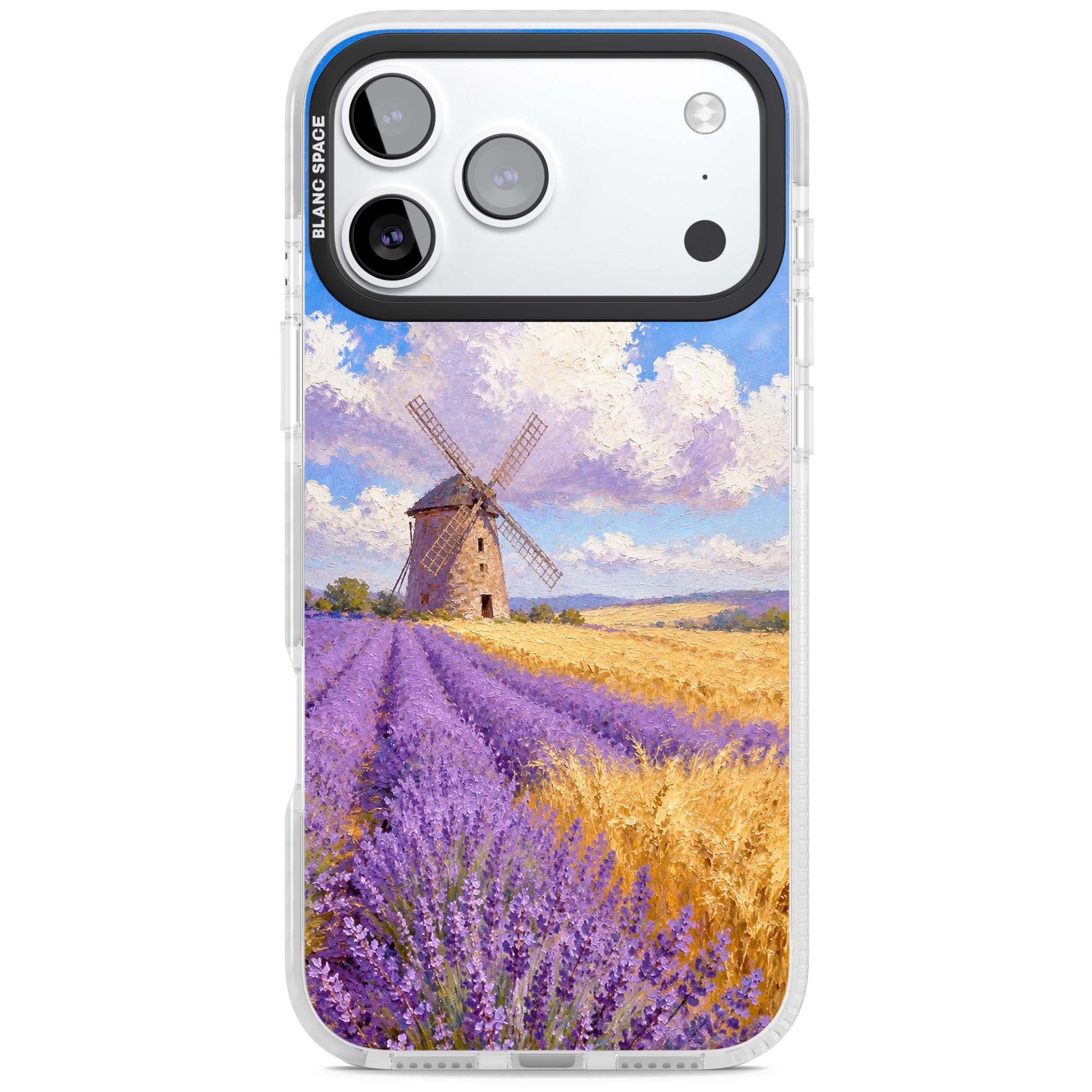 Lavender Mill cottagecore iPhone case featuring a French windmill, lavender field and golden wheat oil painting | Black Impact case for iPhone 17 Pro, iPhone 17 Pro Max