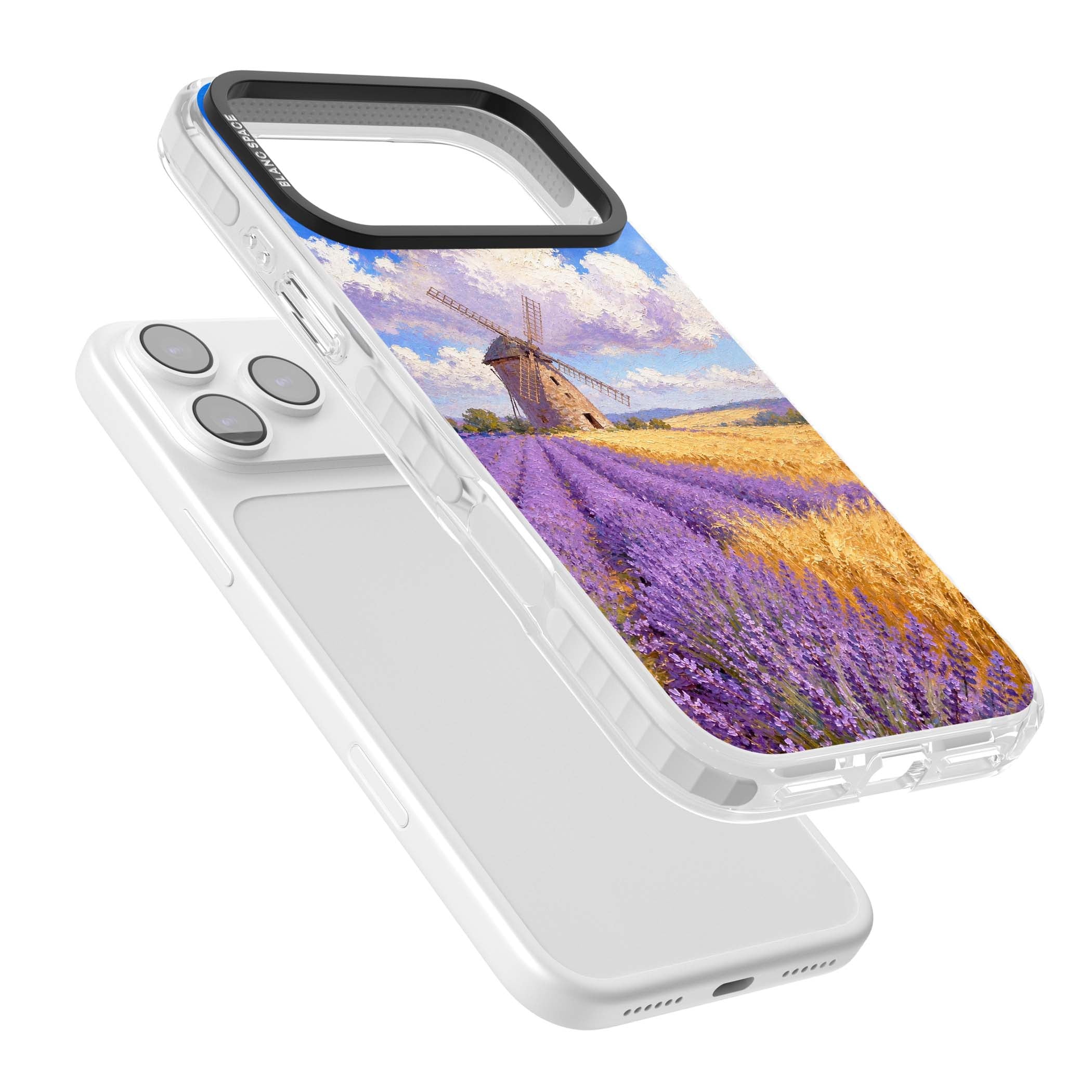 Lavender Mill cottagecore iPhone case featuring a French windmill, lavender field and golden wheat oil painting | Black Impact case for iPhone 17 Pro, iPhone 17 Pro Max