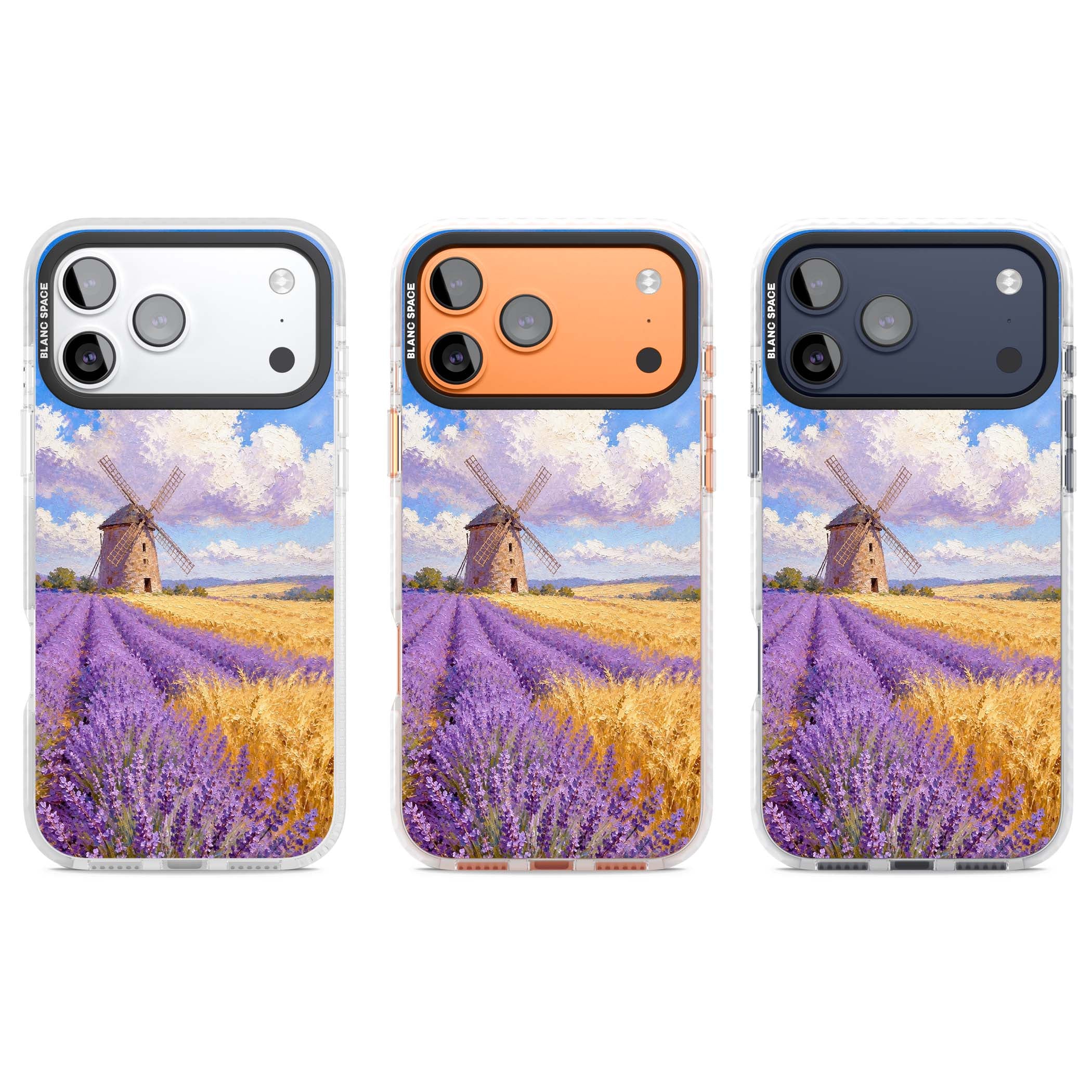 Lavender Mill cottagecore iPhone case featuring a French windmill, lavender field and golden wheat oil painting | Black Impact case for iPhone 17 Pro, iPhone 17 Pro Max