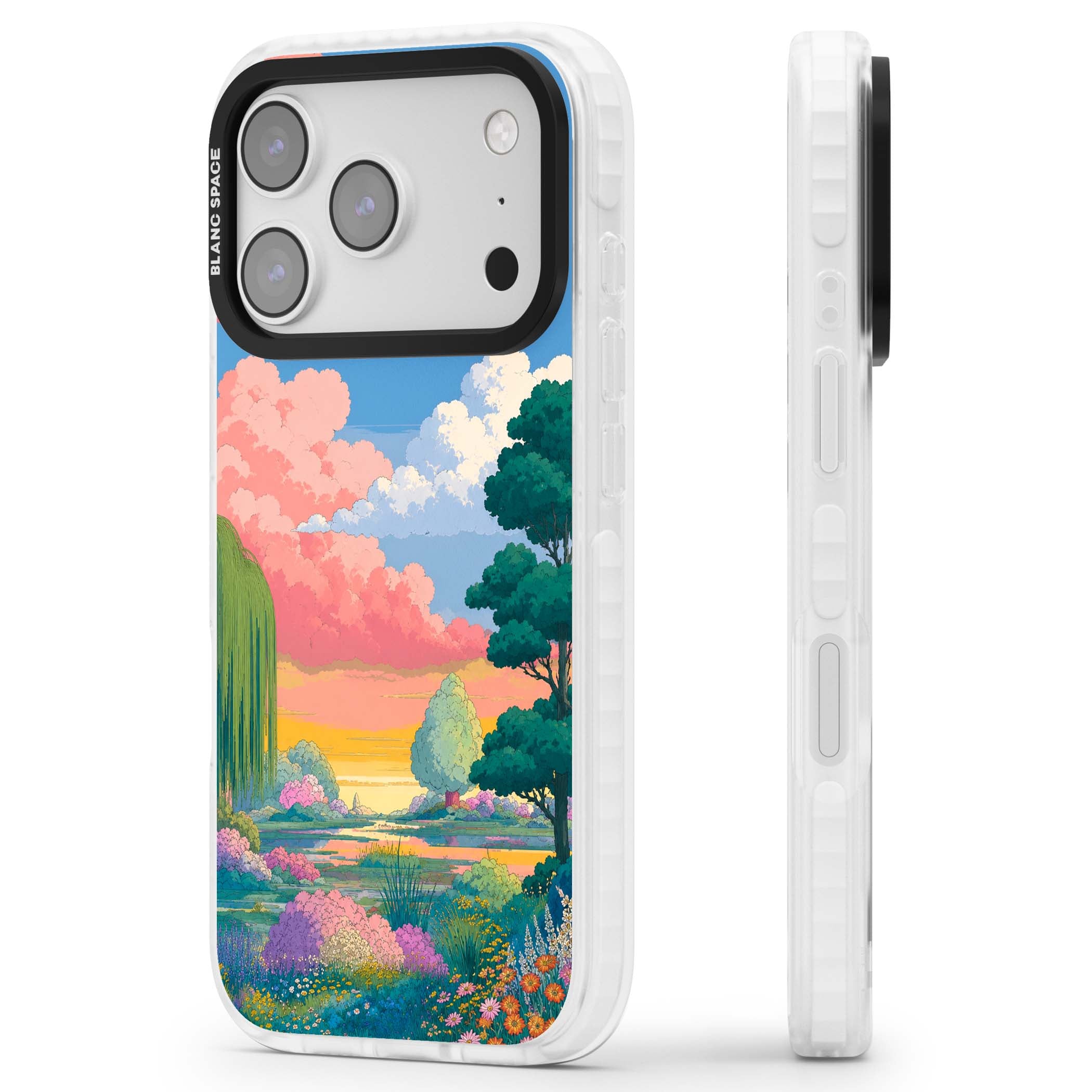 Dream Valley anime landscape iPhone case featuring pink sunset clouds, willow trees and wildflowers | Black Impact case for iPhone 17 Pro, iPhone 17 Pro Max