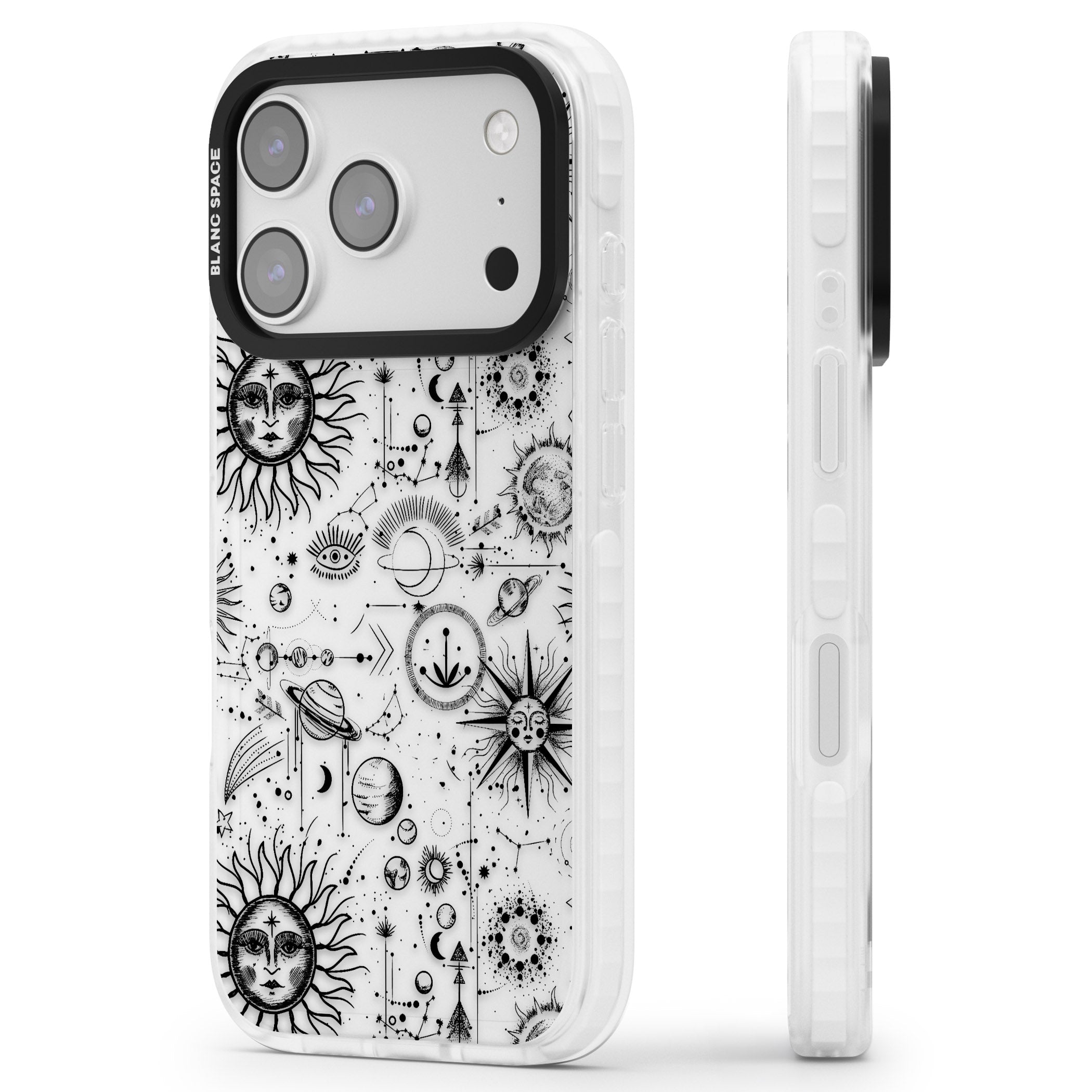 Cosmic Sun & Planets Zodiac iPhone 17 Pro Max Impact Clear Phone Case Side Profile