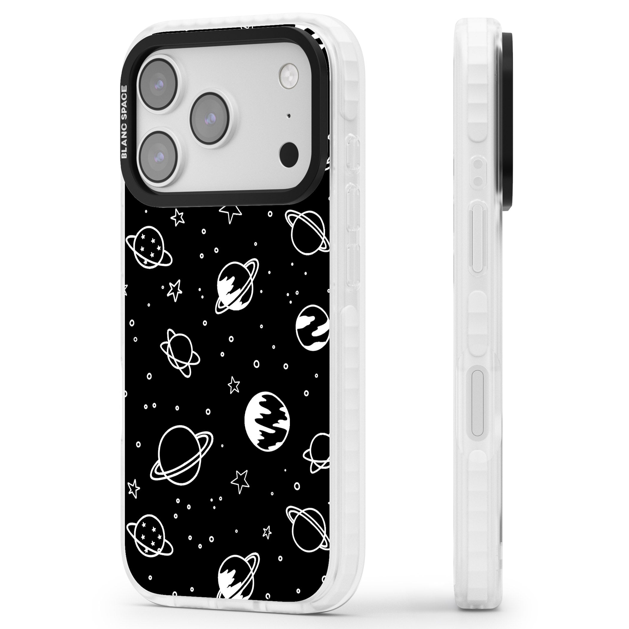Cosmic Sketch White Black iPhone 17 Pro Max Impact Clear Phone Case Side Profile