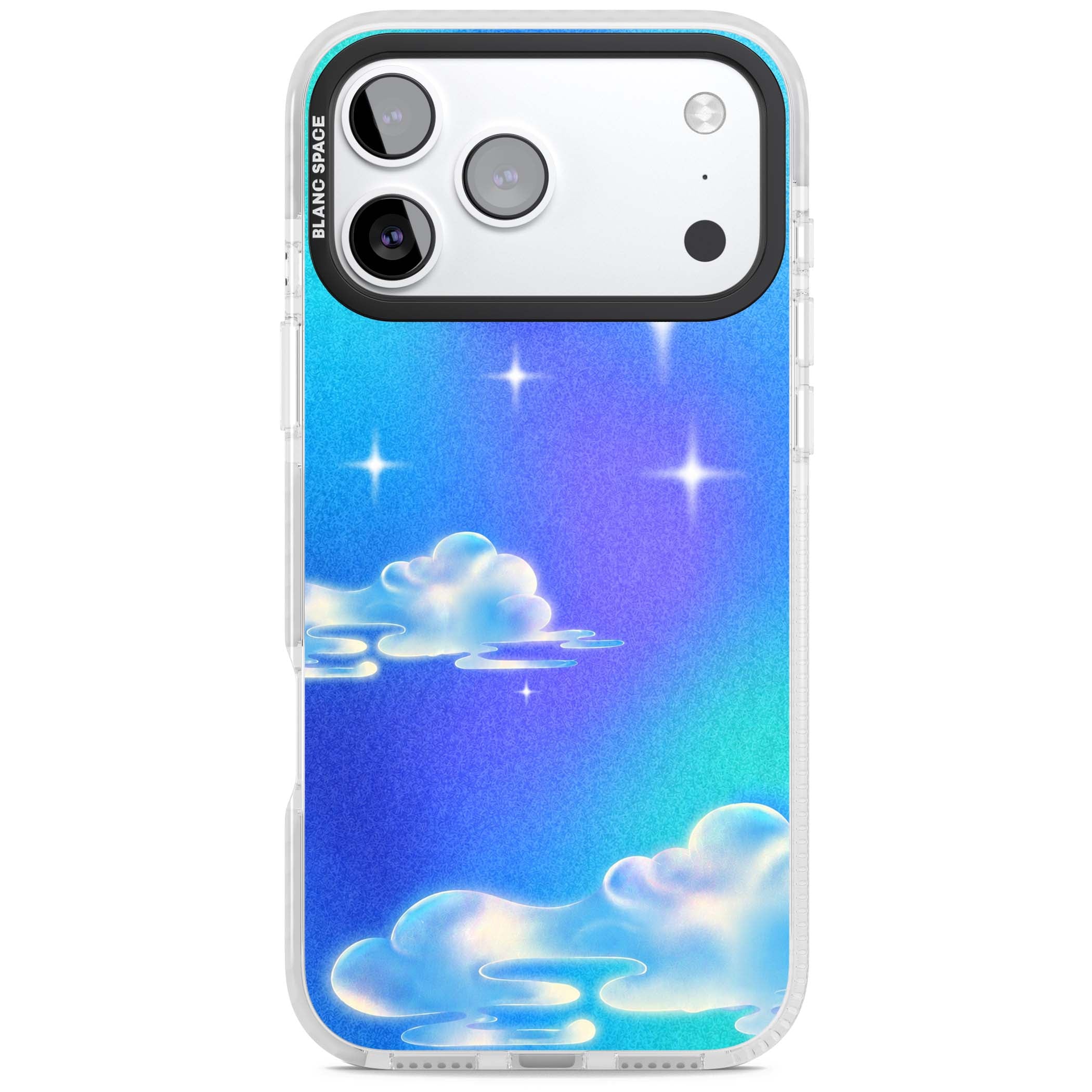 Aurora celestial iPhone case featuring dreamy iridescent clouds, sparkling stars and pastel blue purple sky | Black Impact case for iPhone 17 Pro, iPhone 17 Pro Max