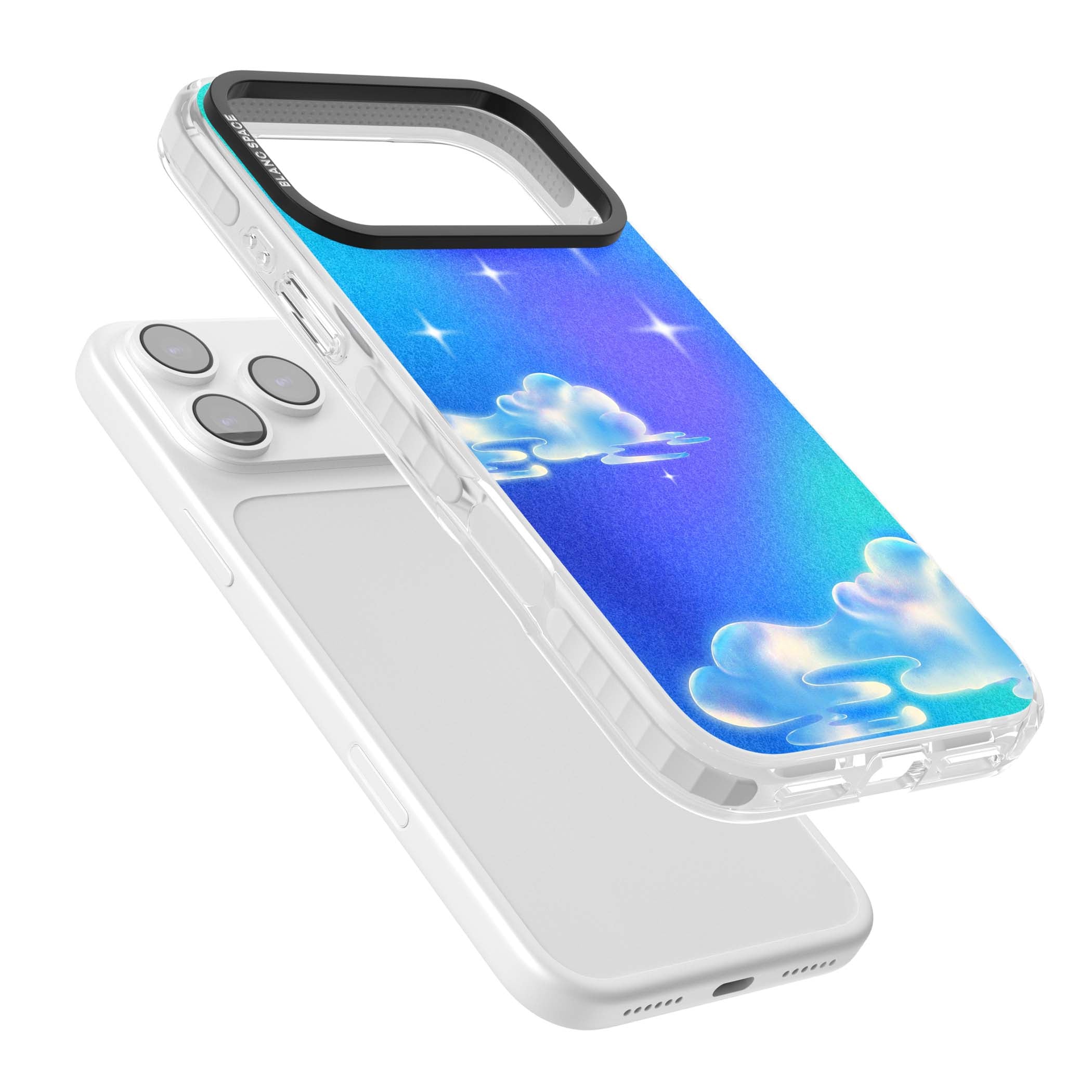 Aurora celestial iPhone case featuring dreamy iridescent clouds, sparkling stars and pastel blue purple sky | Black Impact case for iPhone 17 Pro, iPhone 17 Pro Max