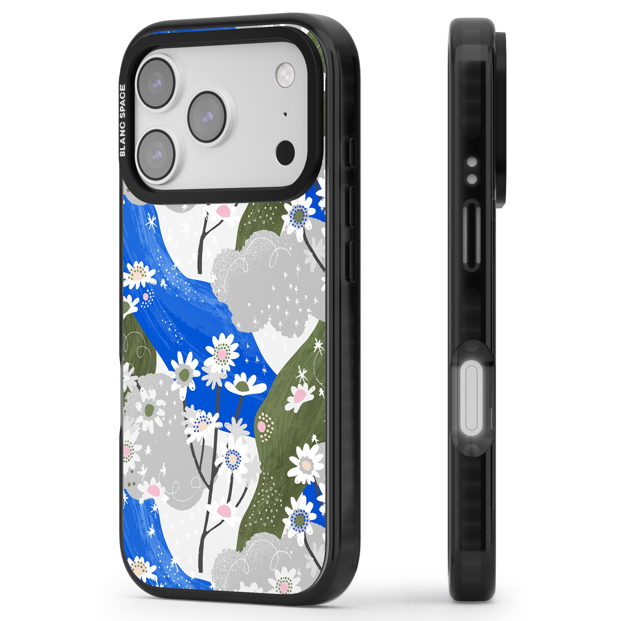 Blue & Grey Daisies Pattern iPhone 17 Pro Impact Black Phone Case Side Profile