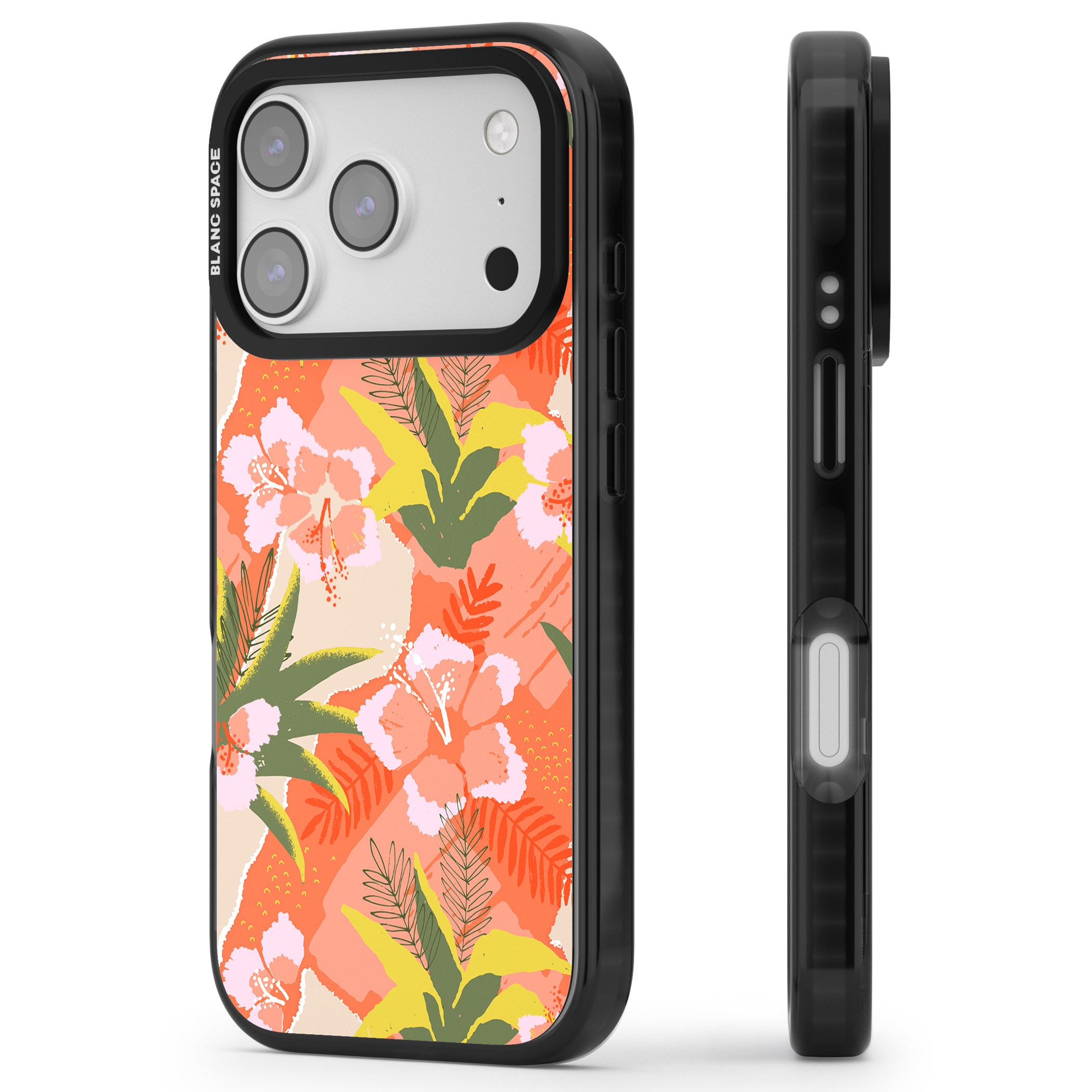 Hawaiian Flowers Abstract Pattern iPhone 17 Pro Max Impact Black Phone Case Side Profile
