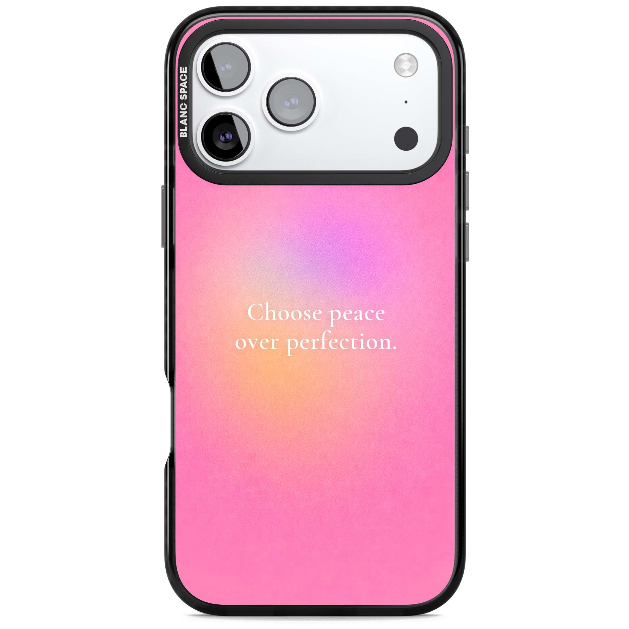 Peace Over Perfection quote iPhone case featuring a dreamy pink aura gradient and delicate white affirmation text | Clear Impact case for iPhone 17 Pro, iPhone 17 Pro Max
