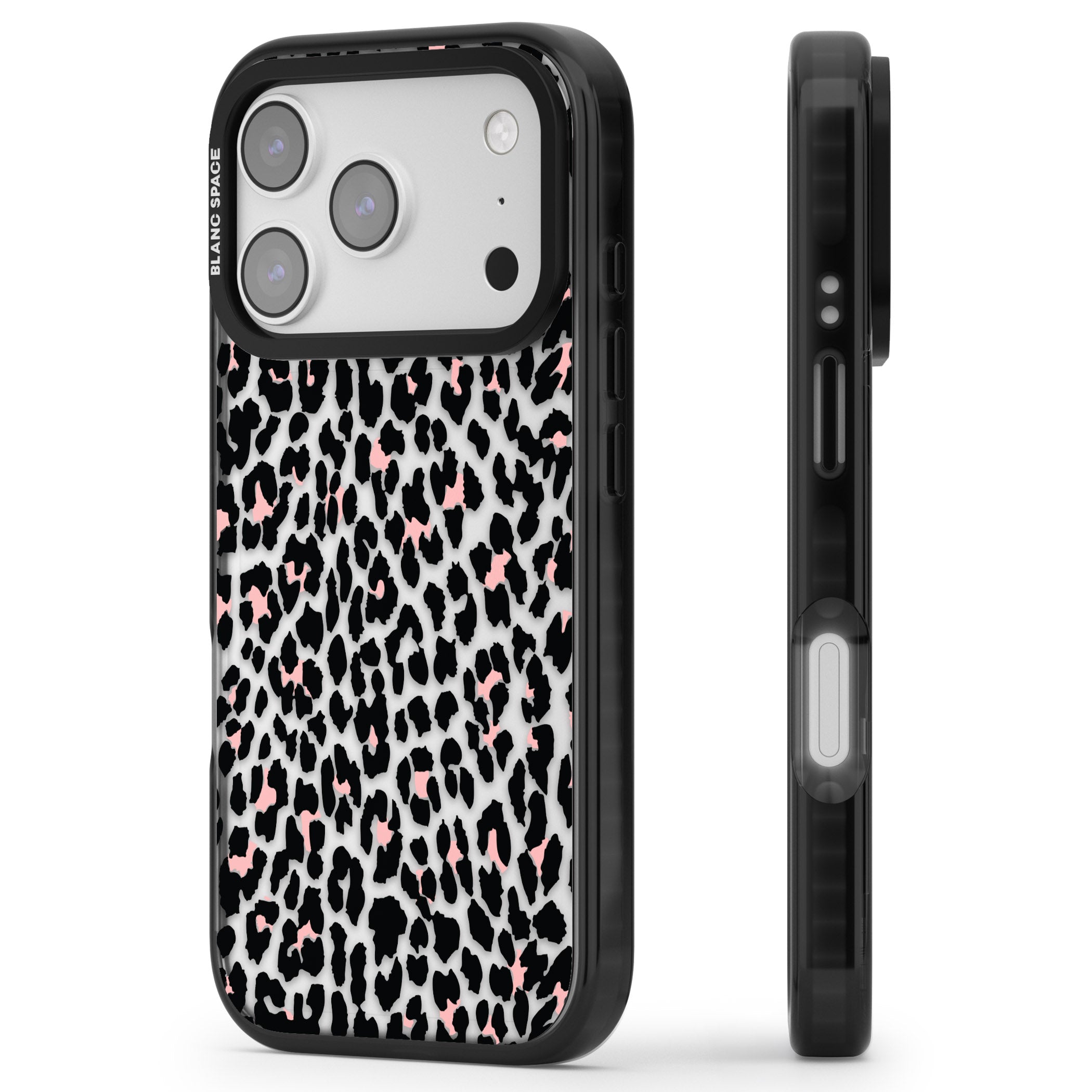 Pink Leopard Print iPhone 17 Pro Impact Black Phone Case Side Profile