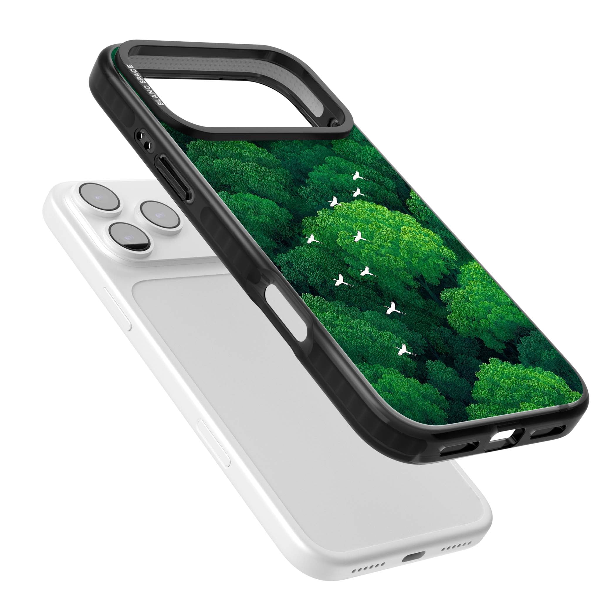 Grove Migration forest iPhone case featuring white cranes flying over lush green treetop canopy | Clear Impact case for iPhone 17 Pro, iPhone 17 Pro Max