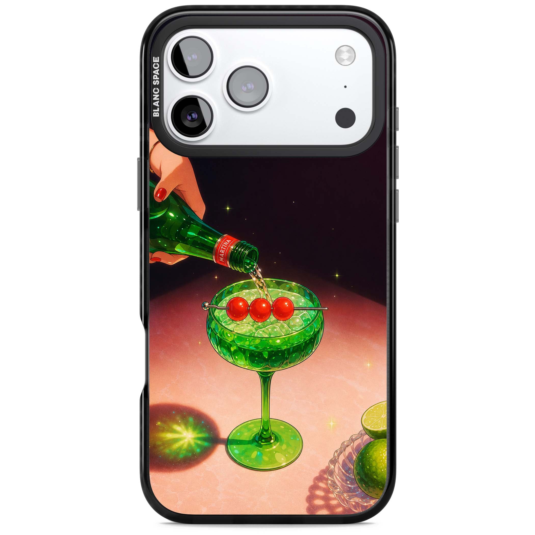 Absinthe Hour cocktail iPhone case featuring a green coupe glass, cherry garnish and vintage bottle pour illustration | Clear Impact case for iPhone 17 Pro, iPhone 17 Pro Max