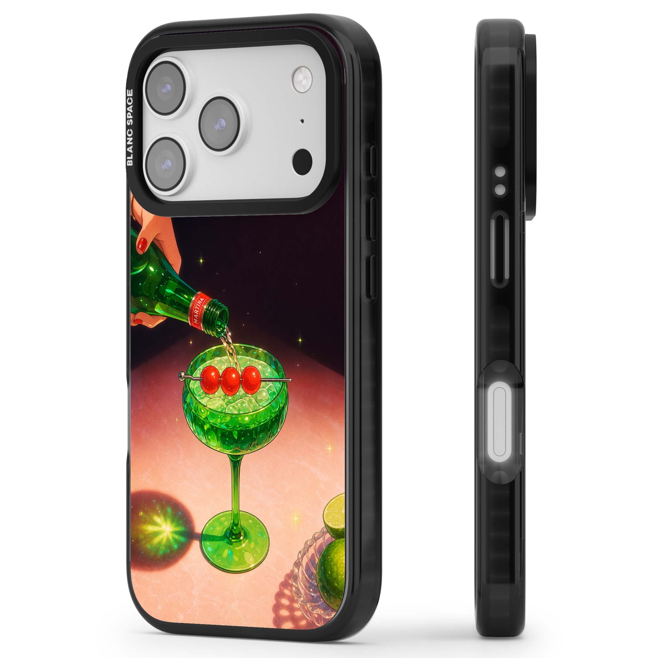 Absinthe Hour cocktail iPhone case featuring a green coupe glass, cherry garnish and vintage bottle pour illustration | Clear Impact case for iPhone 17 Pro, iPhone 17 Pro Max