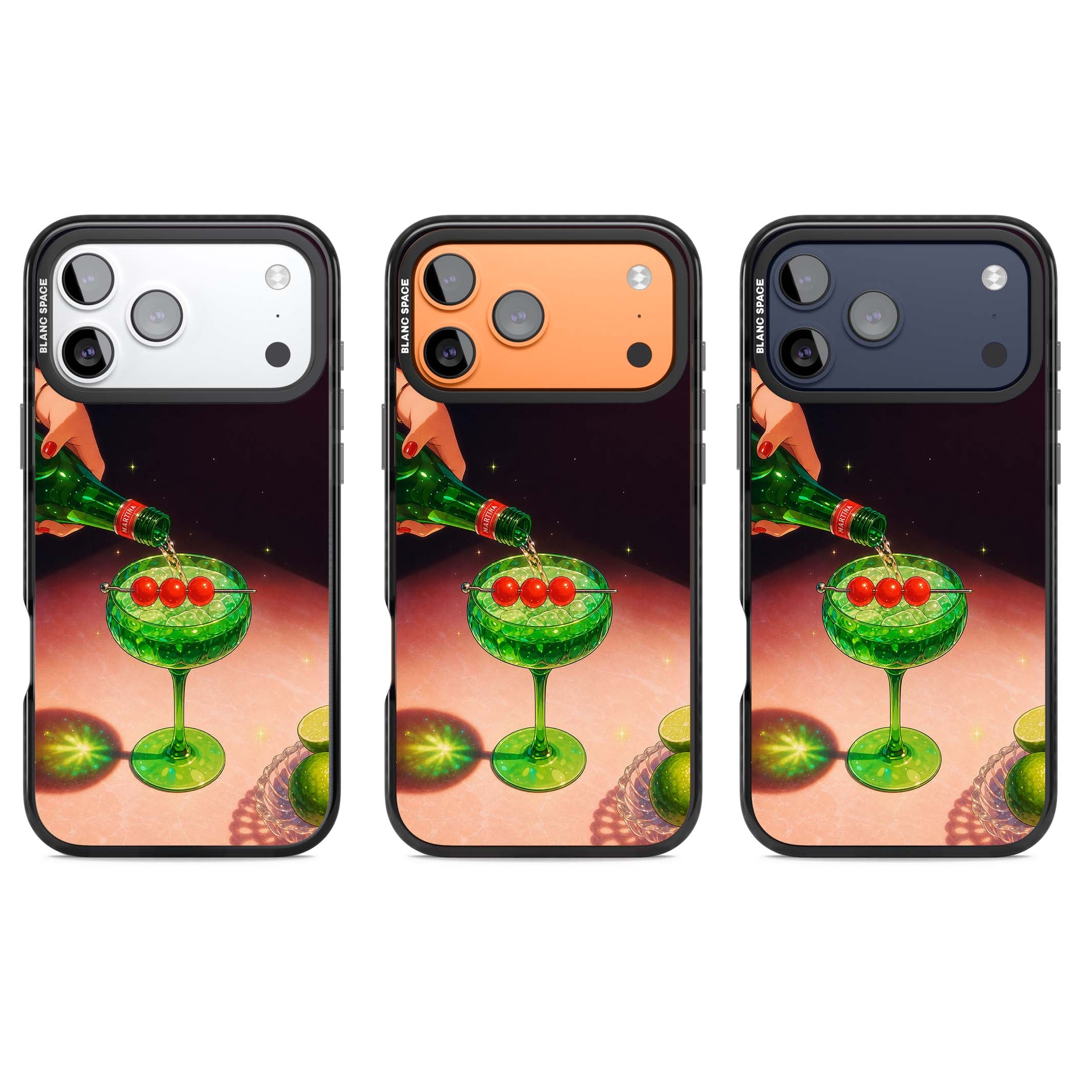 Absinthe Hour cocktail iPhone case featuring a green coupe glass, cherry garnish and vintage bottle pour illustration | Clear Impact case for iPhone 17 Pro, iPhone 17 Pro Max