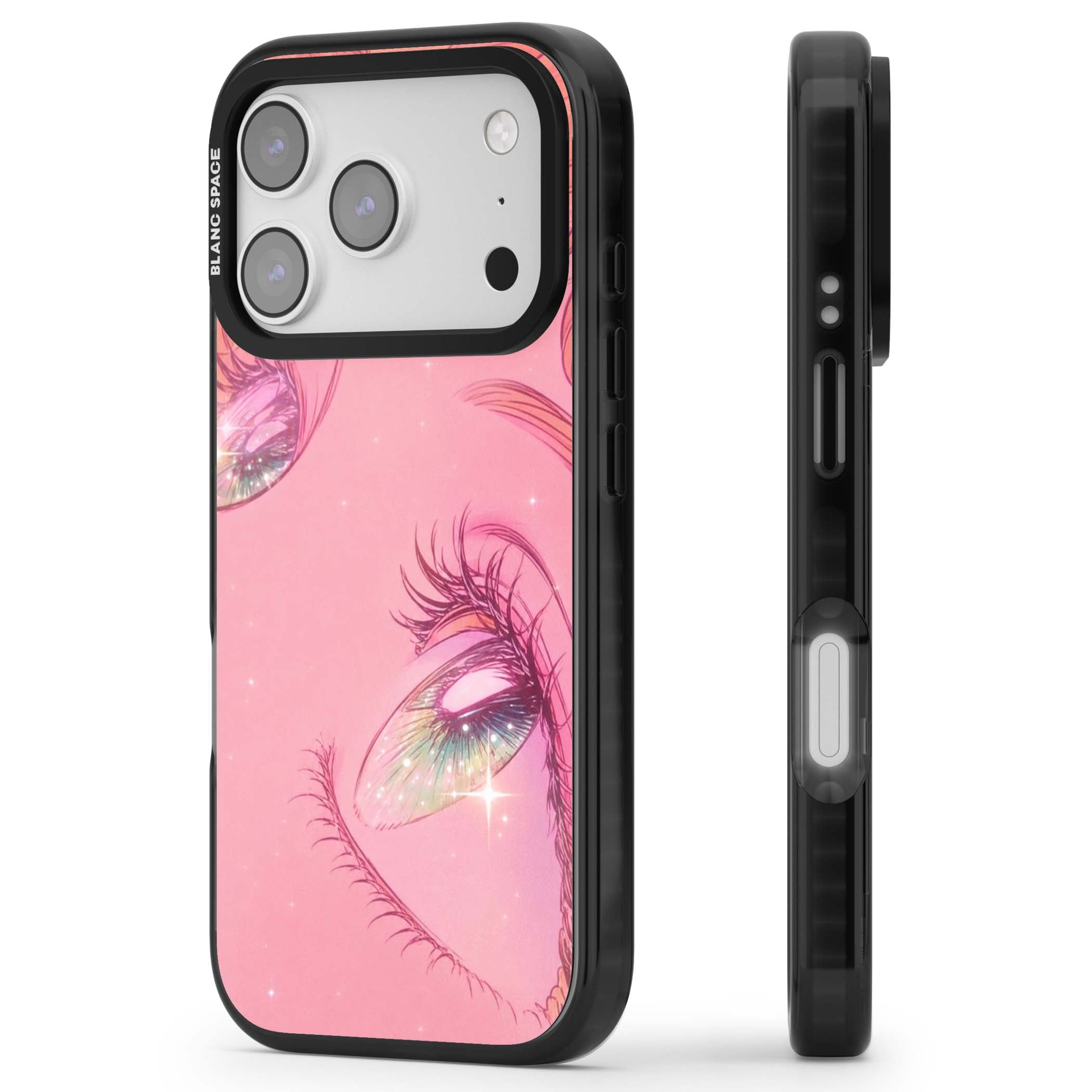 Pink Ethereal Gaze anime iPhone case featuring sparkling manga eyes, coral lashes and dreamy peach sky | Clear Impact case for iPhone 17 Pro, iPhone 17 Pro Max
