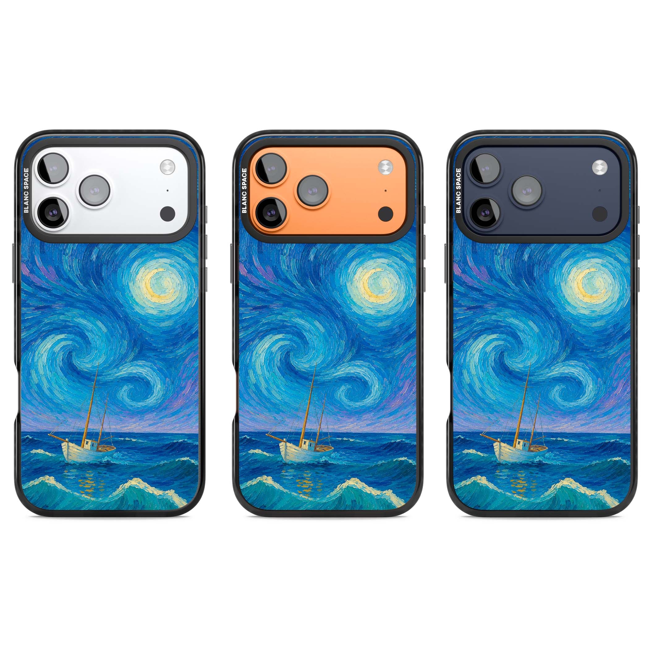 Moonlit Tide Van Gogh art iPhone case featuring swirling starry night sky, glowing moon and lone sailing boat at sea | Clear Impact case for iPhone 17 Pro, iPhone 17 Pro Max