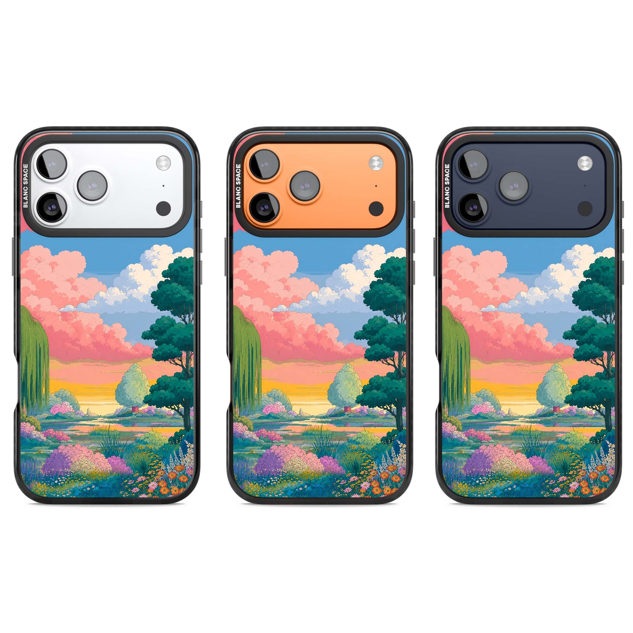 Dream Valley anime landscape iPhone case featuring pink sunset clouds, willow trees and wildflowers | Clear Impact case for iPhone 17 Pro, iPhone 17 Pro Max
