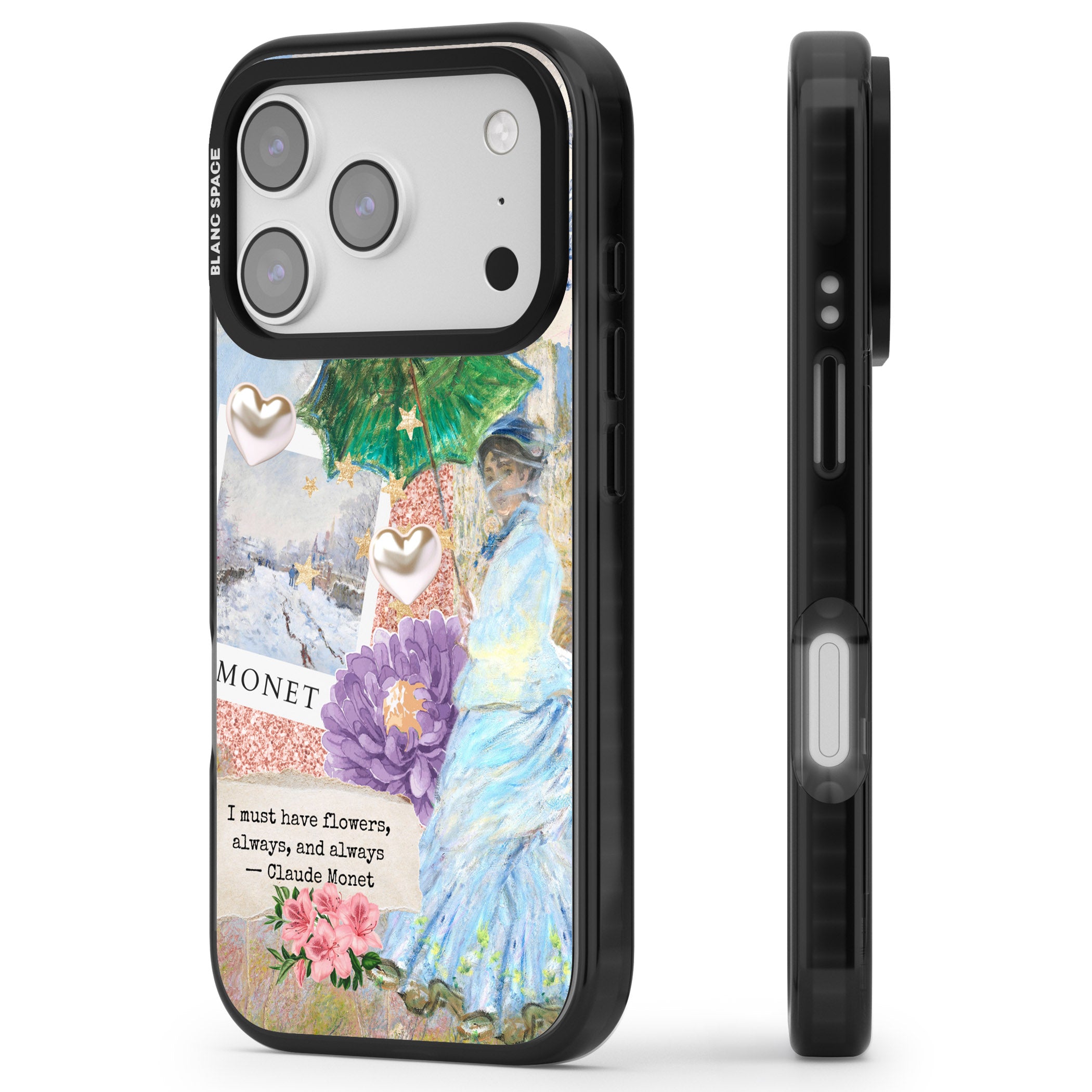 Monet 'Must Have Flowers' Collage iPhone 17 Pro Max Impact Black Phone Case Side Profile
