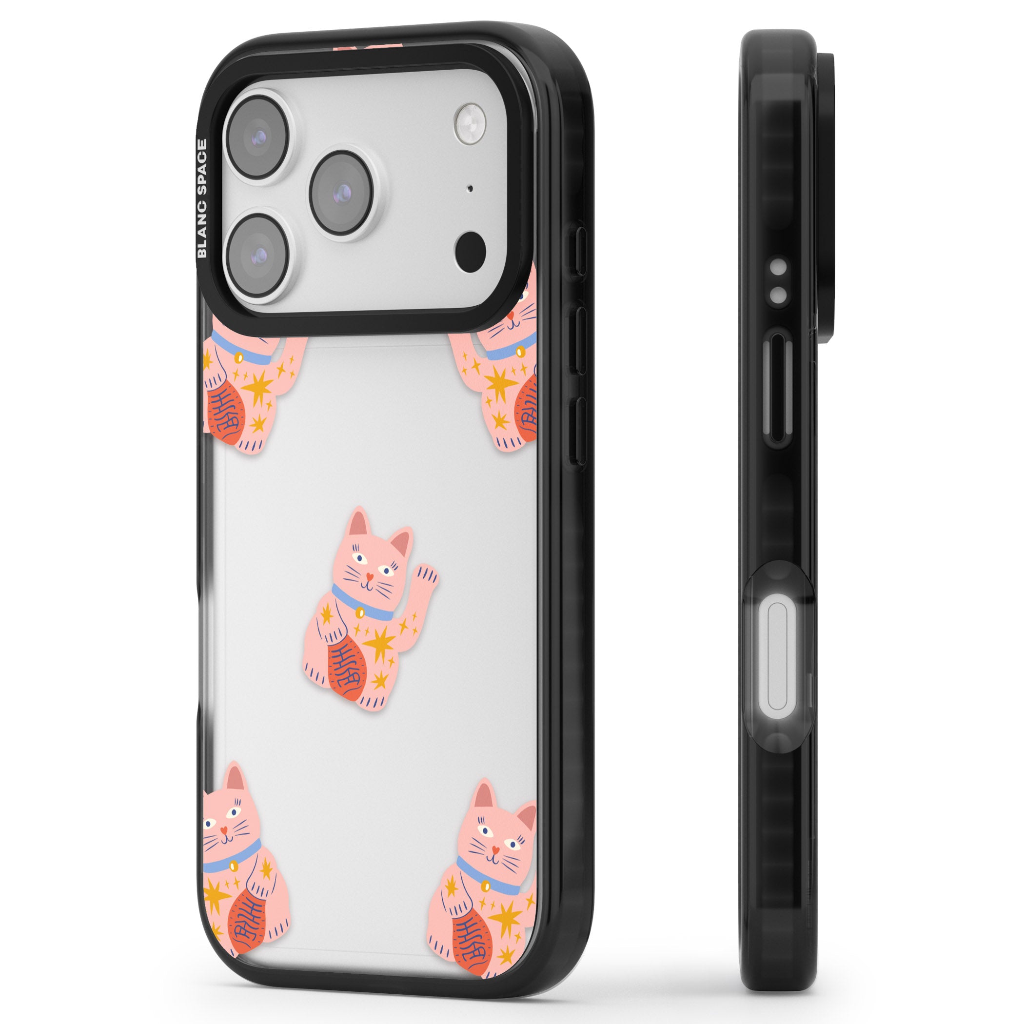 Waving Cat Pattern iPhone 17 Pro Max Impact Black Phone Case Side Profile