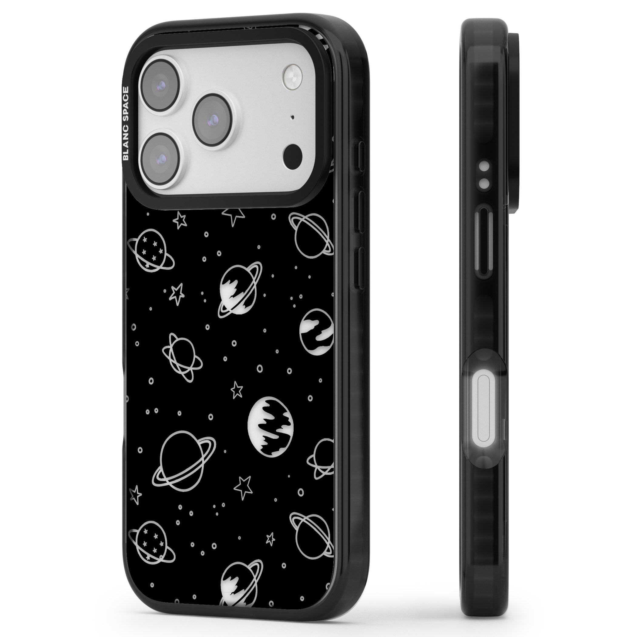 Cosmic Sketch Clear Black iPhone 17 Pro Max Impact Black Phone Case Side Profile