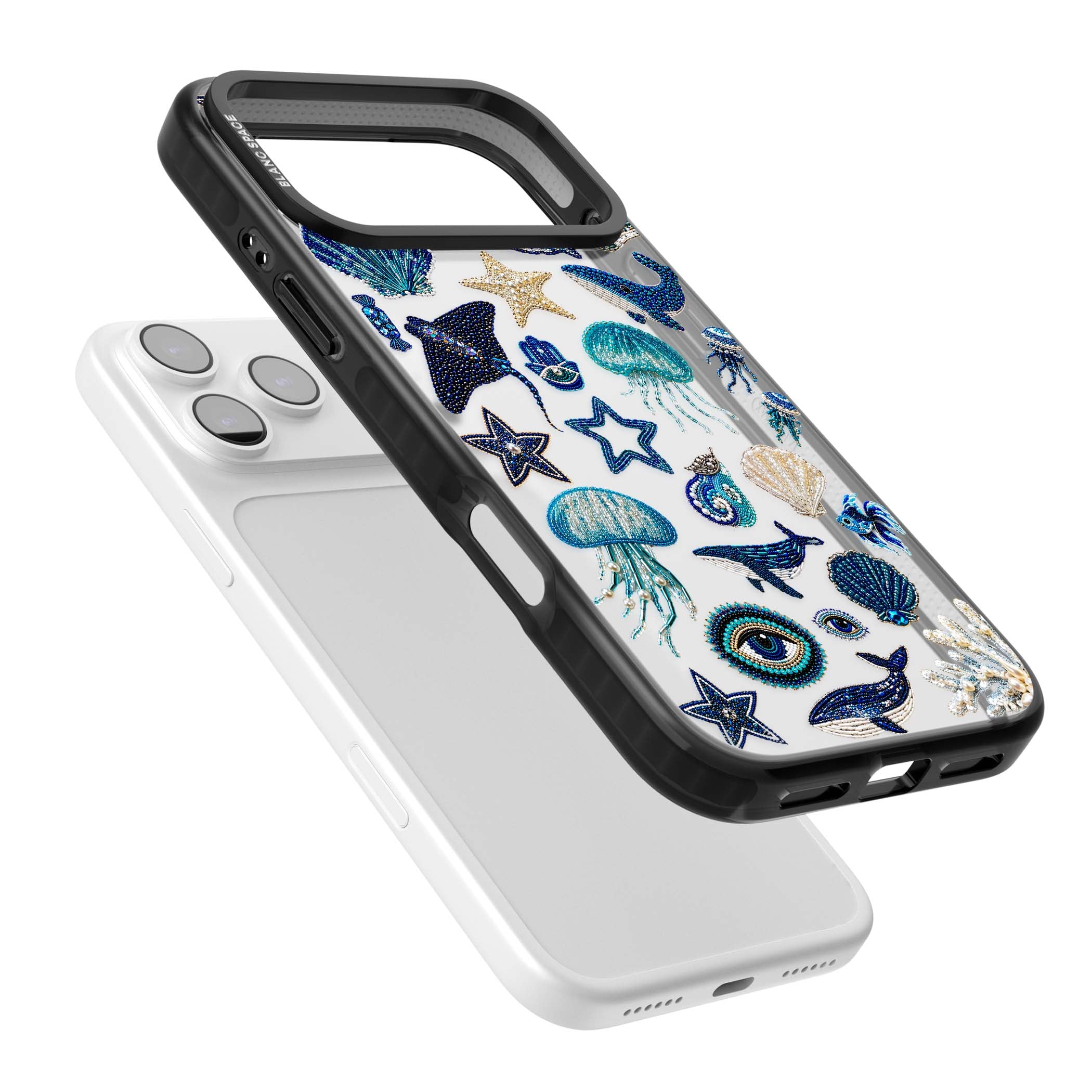 Beaded Coastal coastal iPhone case featuring embroidered seashells, jellyfish and a blue whale on clear | Clear Impact case for iPhone 17 Pro, iPhone 17 Pro Max