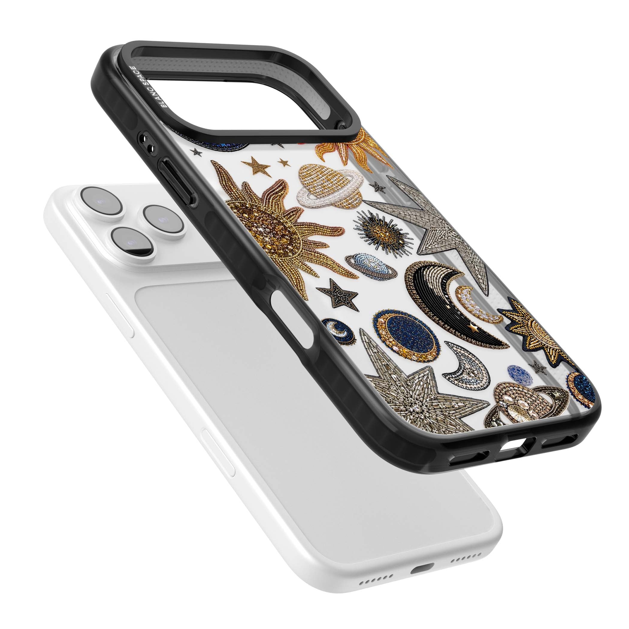Beaded Cosmos celestial iPhone case featuring embroidered golden suns, beaded planets and silver shooting stars | Clear Impact case for iPhone 17 Pro, iPhone 17 Pro Max