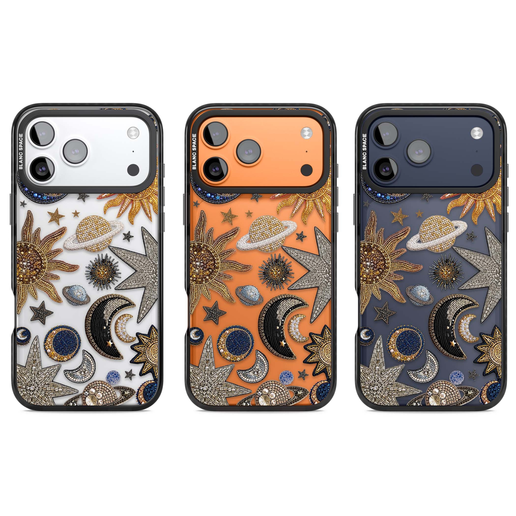Beaded Cosmos celestial iPhone case featuring embroidered golden suns, beaded planets and silver shooting stars | Clear Impact case for iPhone 17 Pro, iPhone 17 Pro Max