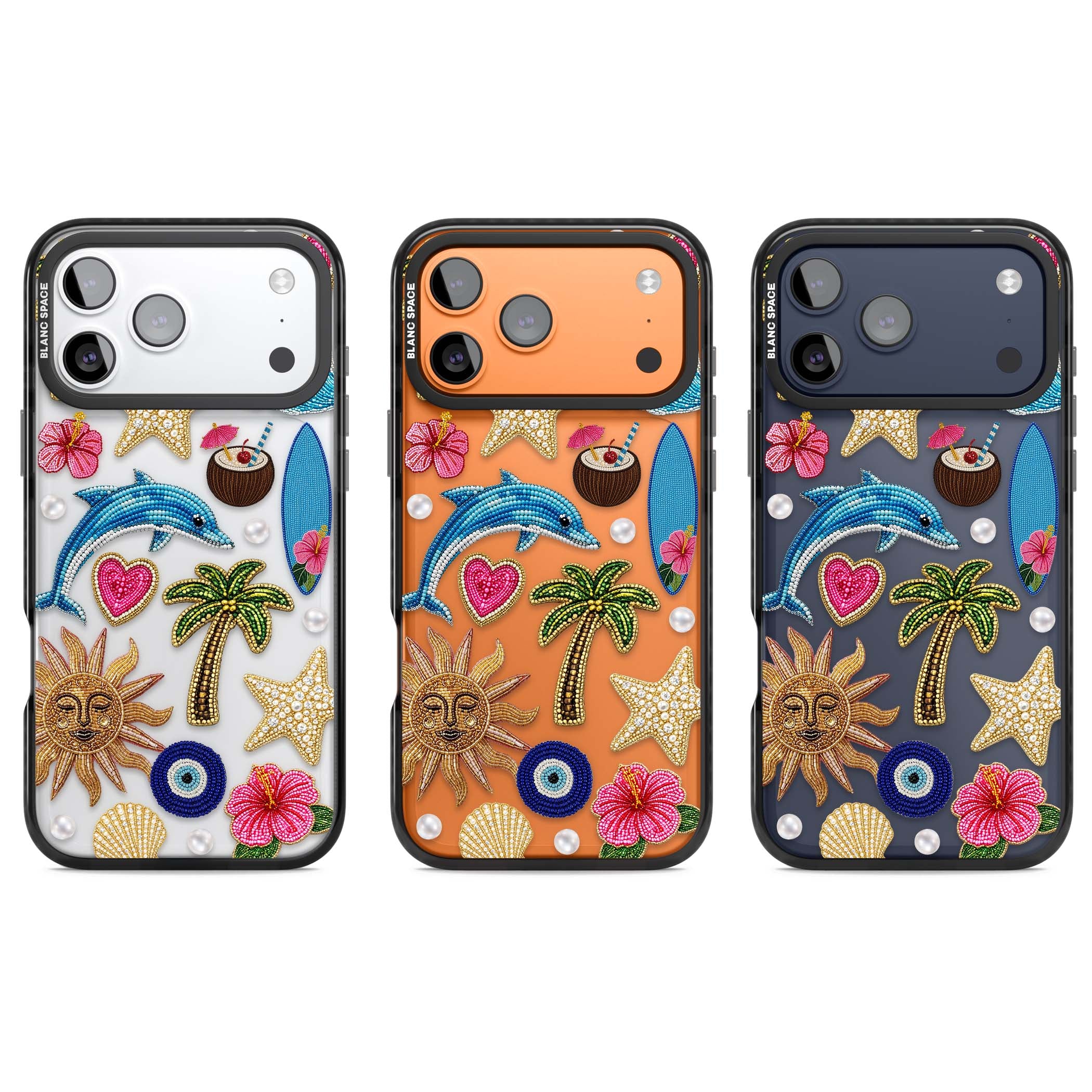 Beaded Beach coastal summer iPhone case featuring embroidered evil eye, hibiscus flowers, dolphin and palm tree patches | Clear Impact case for iPhone 17 Pro, iPhone 17 Pro Max