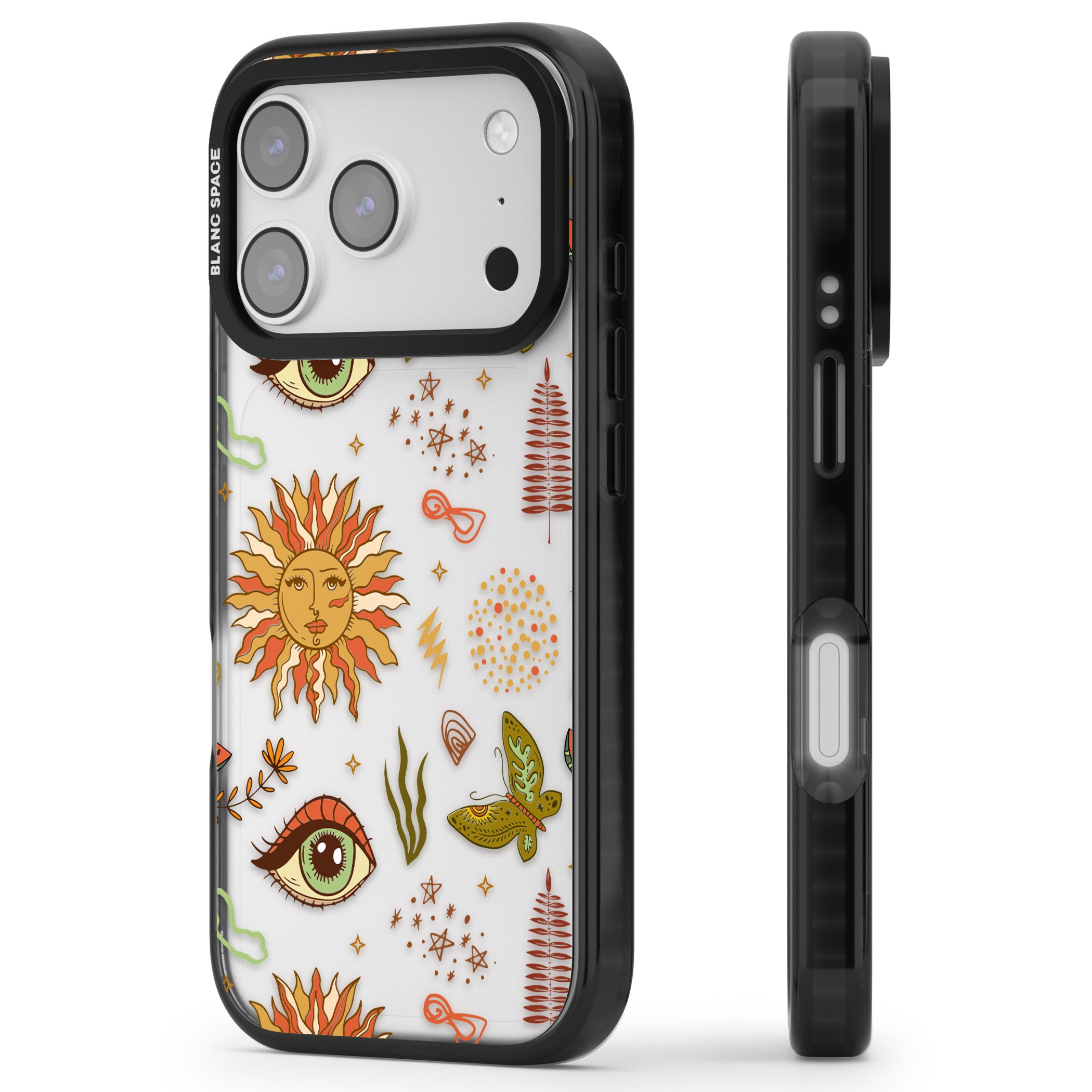 Boho Celestial Sun & Eye Pattern iPhone 17 Pro Max Impact Black Phone Case Side Profile