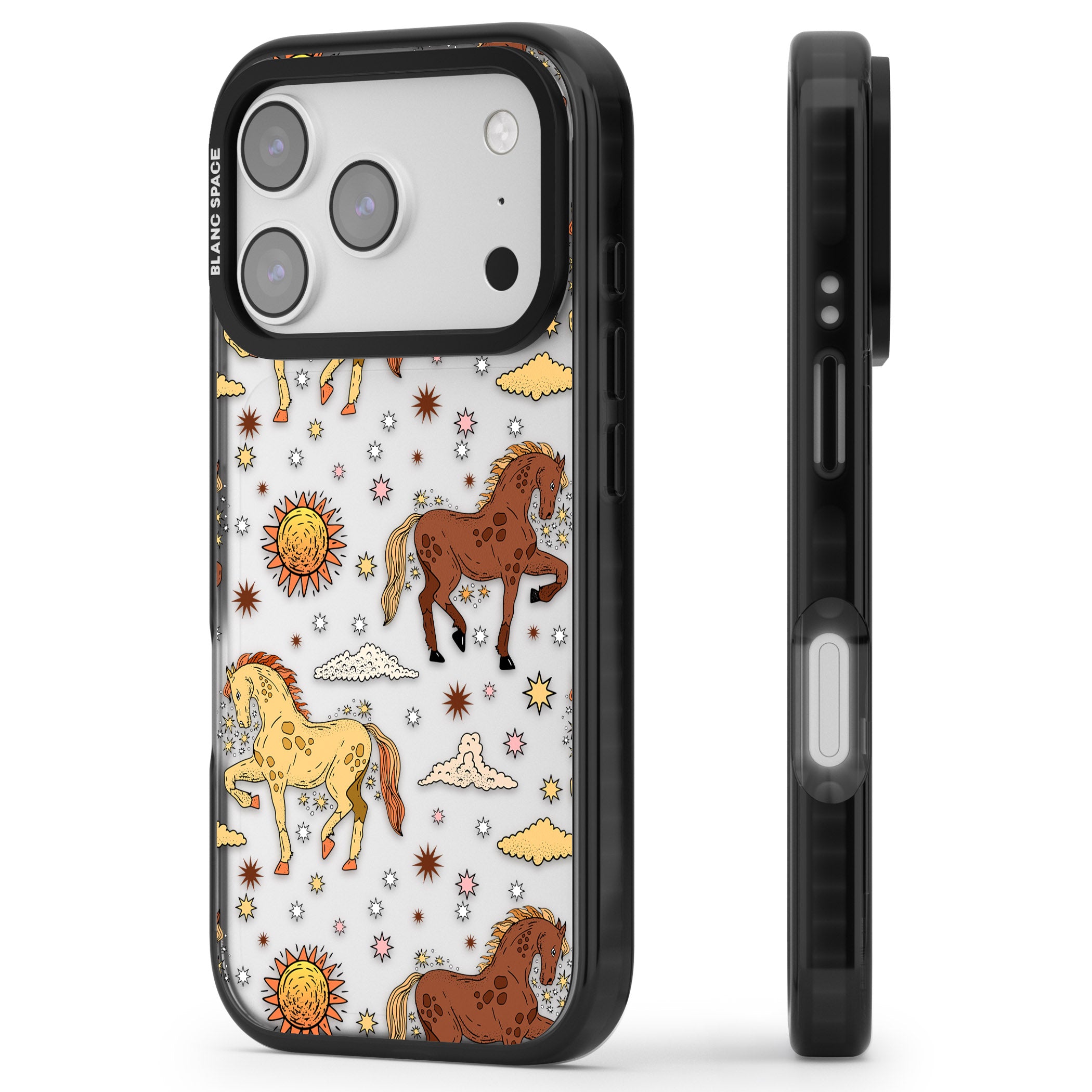 Boho Celestial Wild Horses iPhone 17 Pro Max Impact Black Phone Case Side Profile