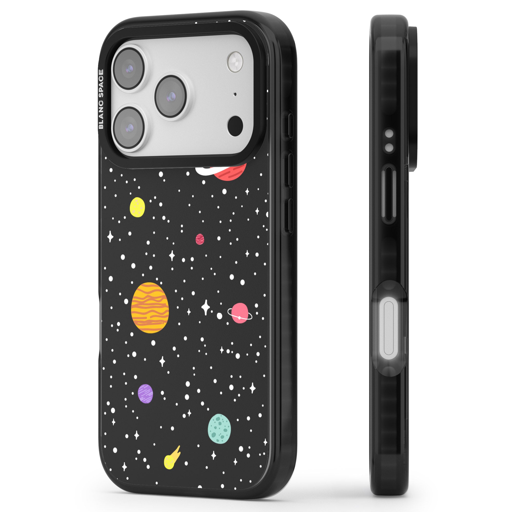 Cute Cartoon Planets iPhone 17 Pro Max Impact Black Phone Case Side Profile