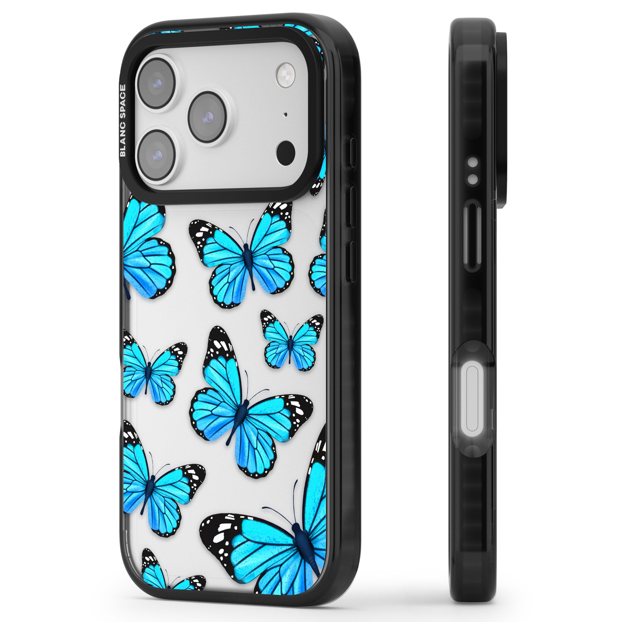 Blue Butterflies iPhone 17 Pro Max Impact Black Phone Case Side Profile