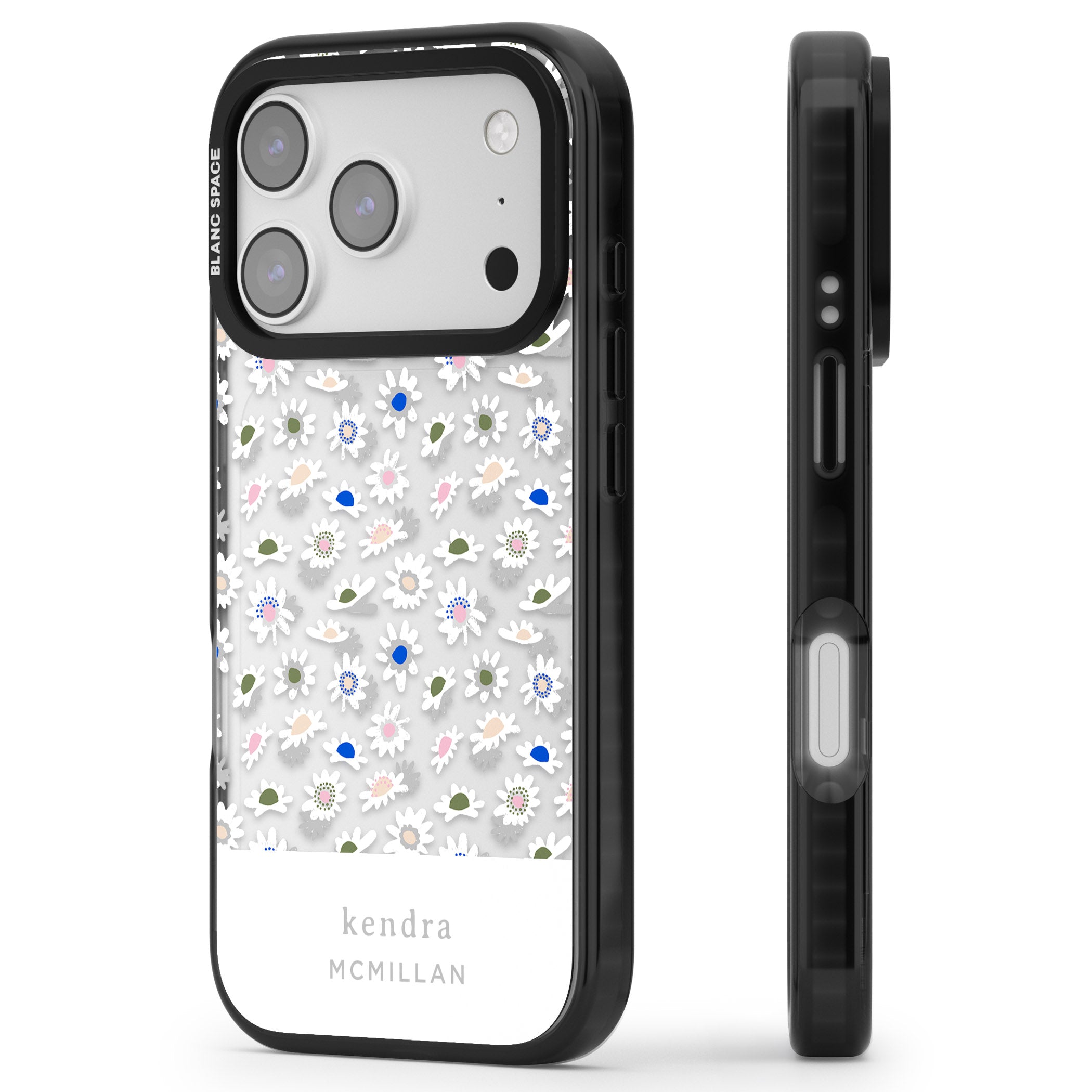 Personalised Grey & White Daisies iPhone 17 Pro Max Impact Black Phone Case Side Profile