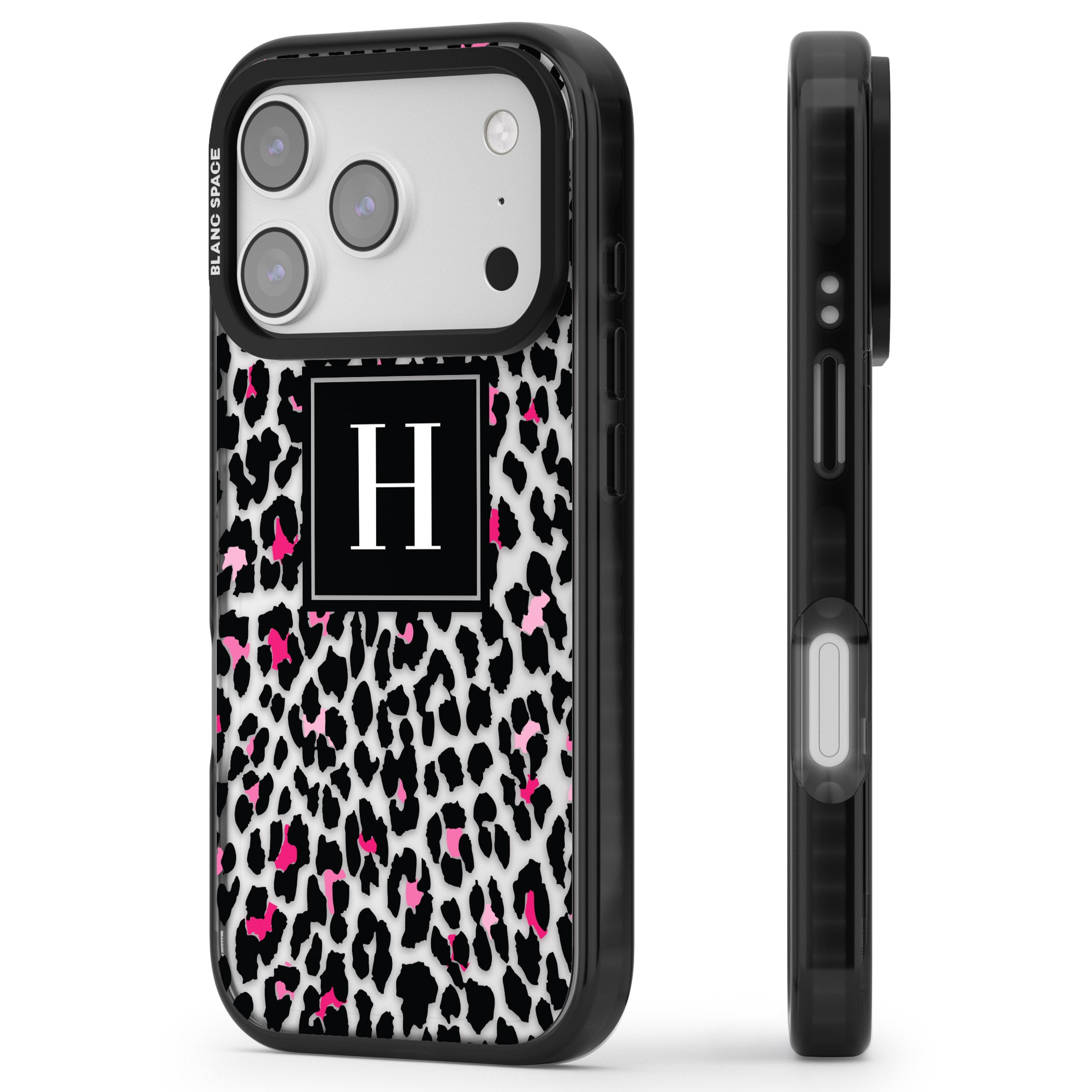 Personalised Clear Pink Leopard Monogram iPhone 17 Pro Max Impact Black Phone Case Side Profile