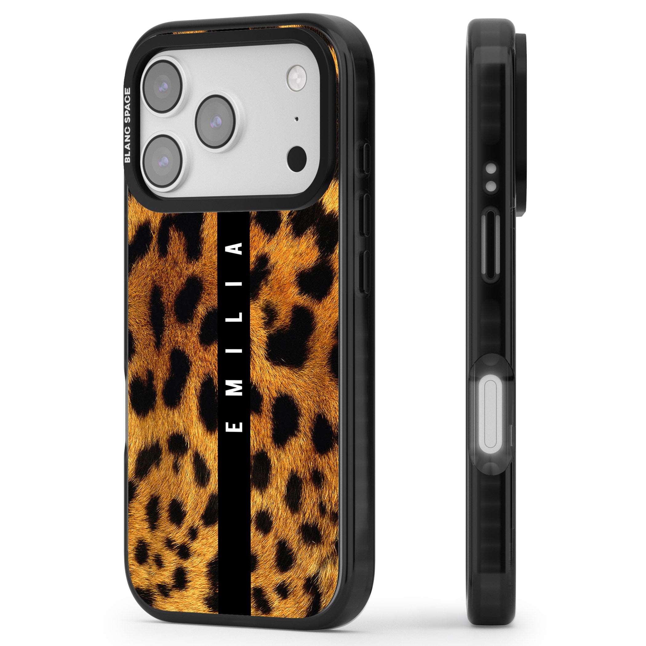Personalised Leopard Print iPhone 17 Pro Max Impact Black Phone Case Side Profile