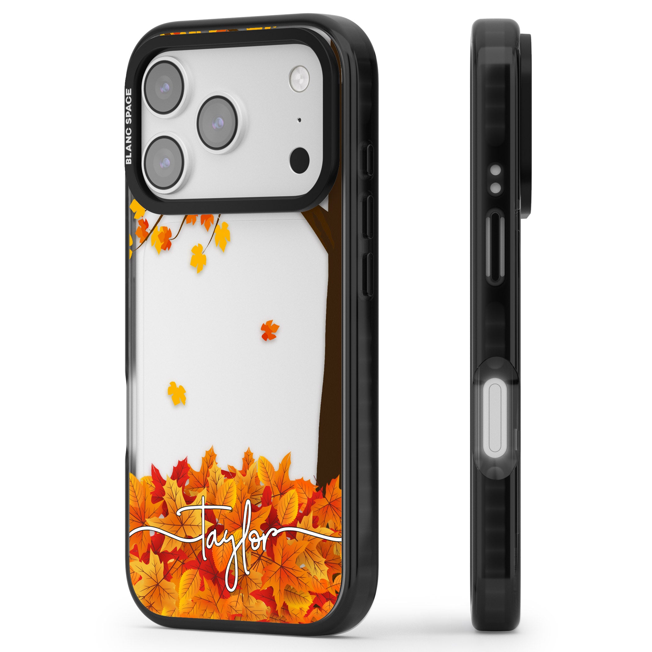 Personalised Autumn Leaves iPhone 17 Pro Max Impact Black Phone Case Side Profile