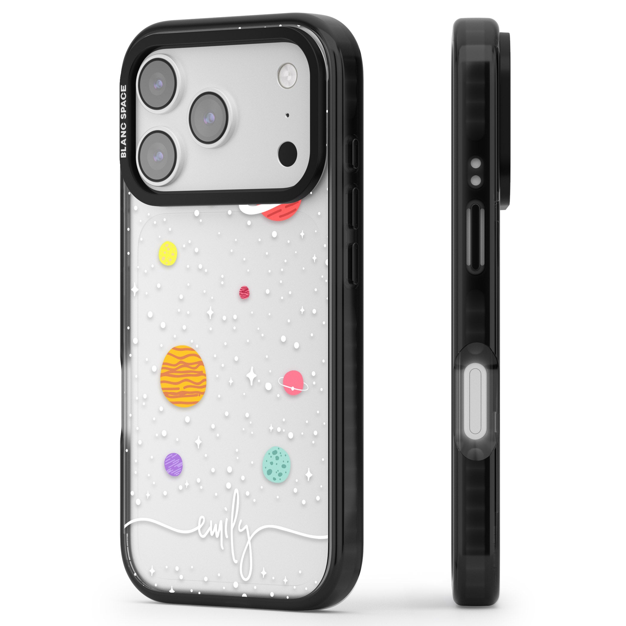 Personalised Cute Cartoon Planet (Clear) iPhone 17 Pro Max Impact Black Phone Case Side Profile