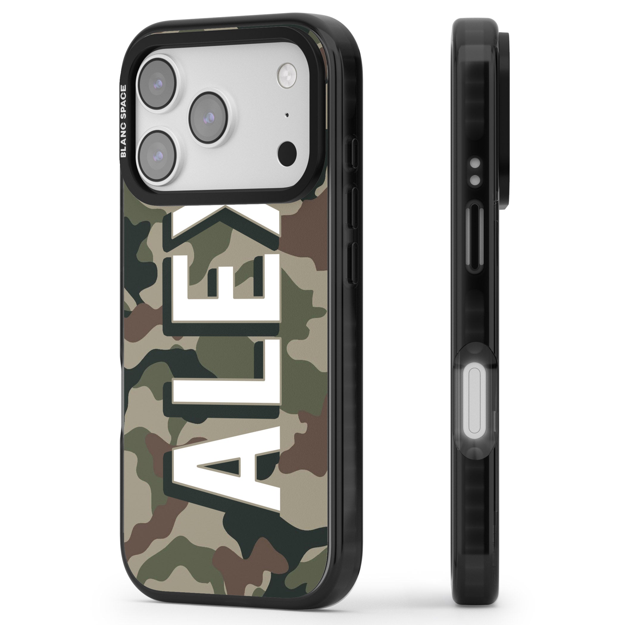 Personalised Classic Green Camo iPhone 17 Pro Max Impact Black Phone Case Side Profile