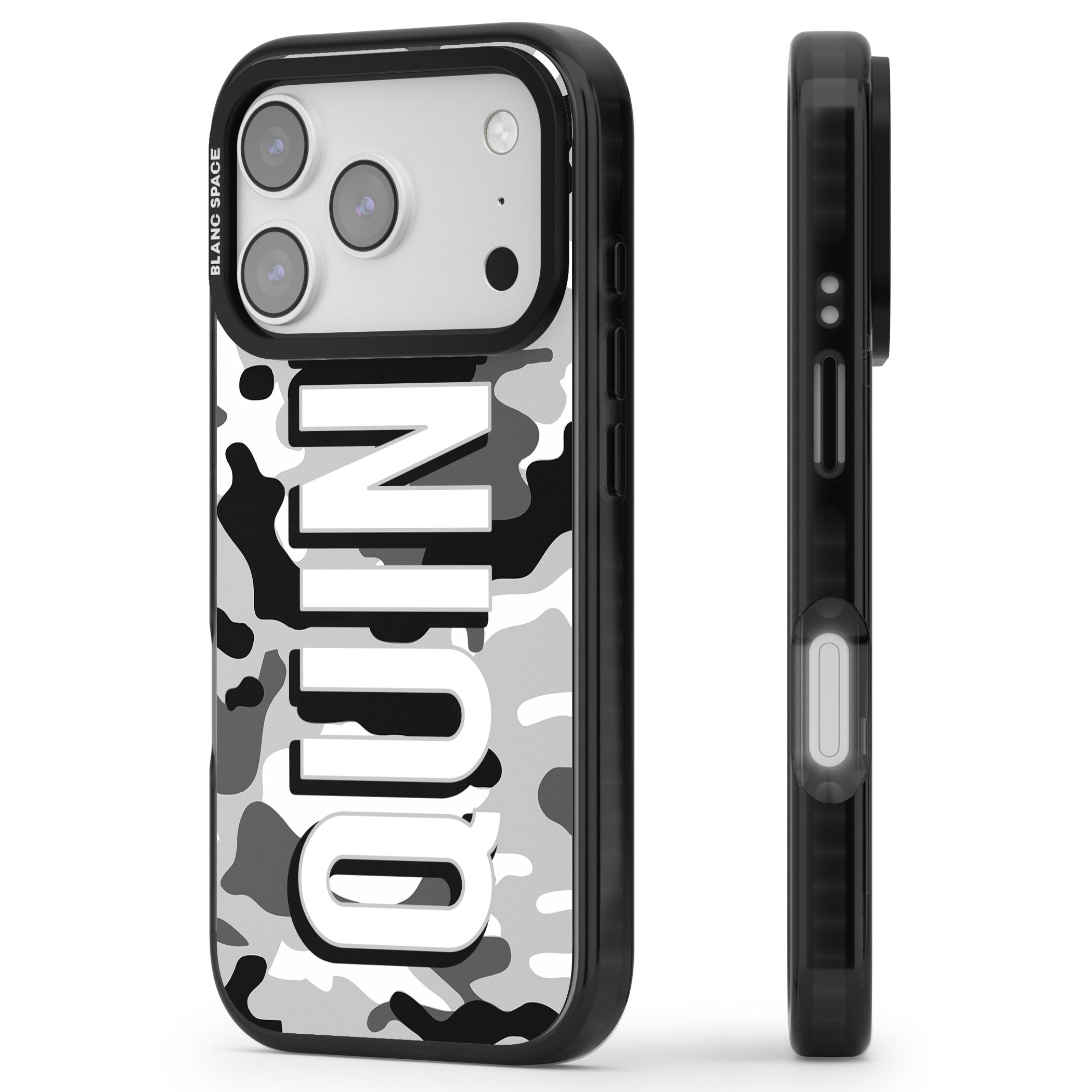 Personalised Greyscale Camo iPhone 17 Pro Max Impact Black Phone Case Side Profile