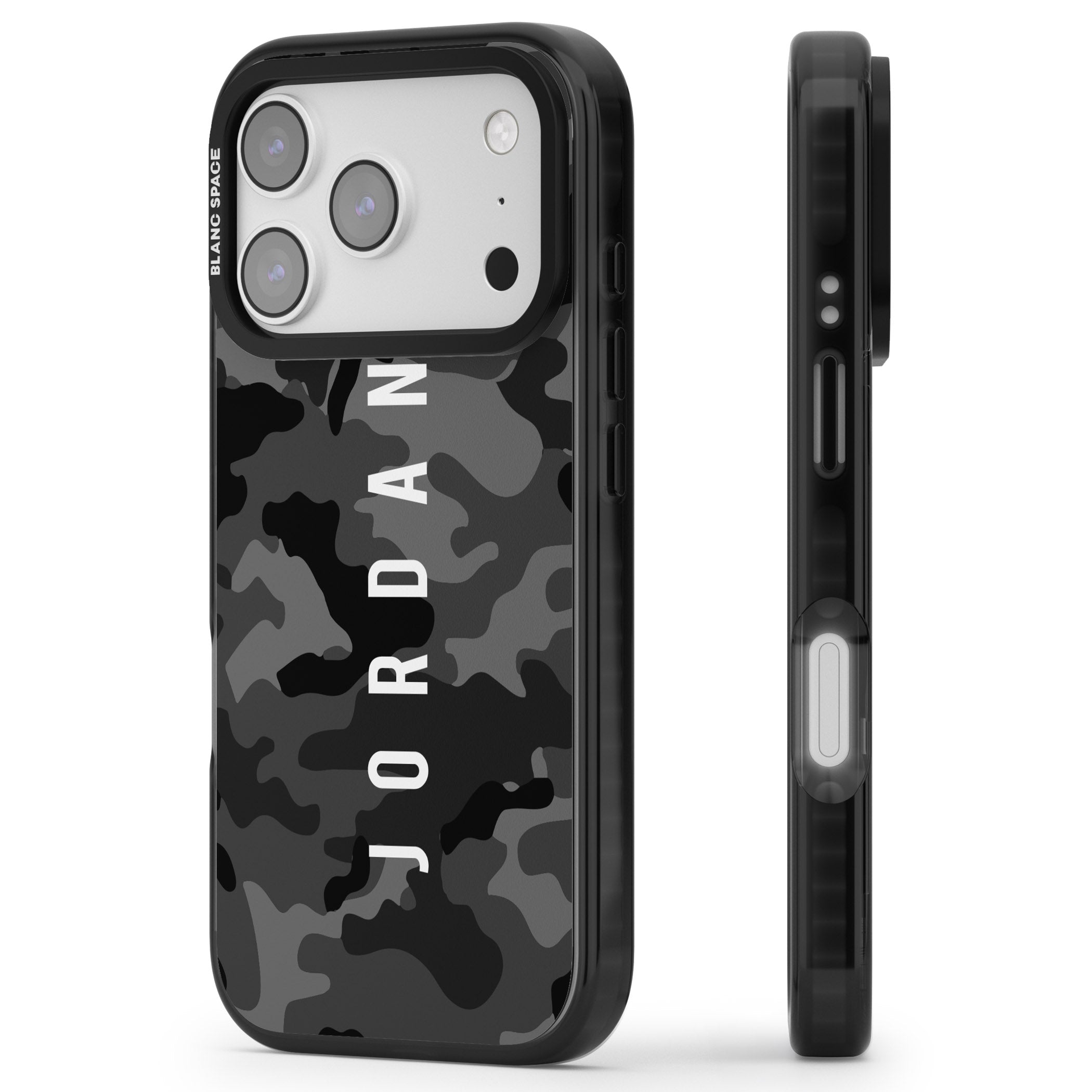 Personalised Black Camouflage Name iPhone 17 Pro Max Impact Black Phone Case Side Profile