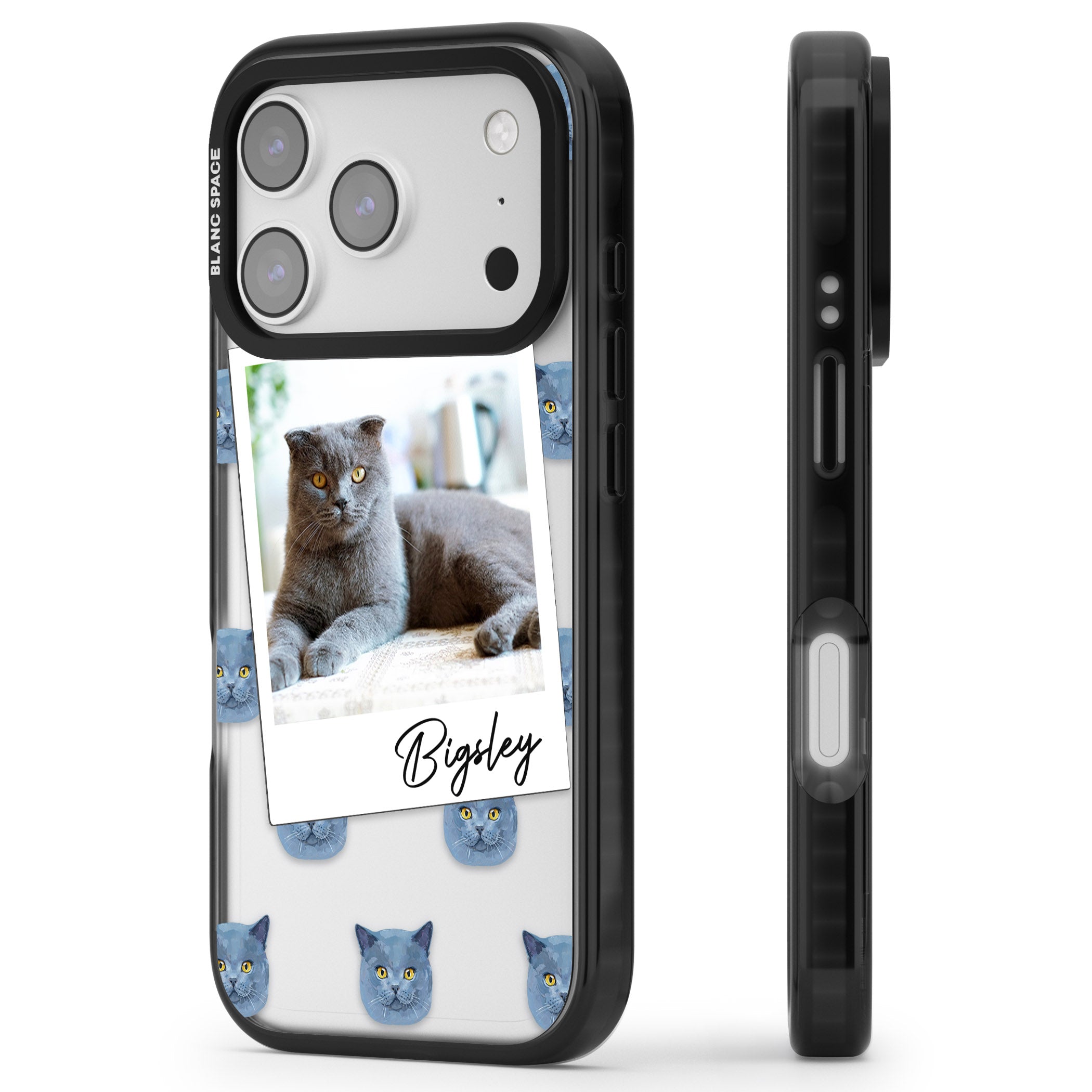 Personalised English Blue Cat Photo iPhone 17 Pro Max Impact Black Phone Case Side Profile