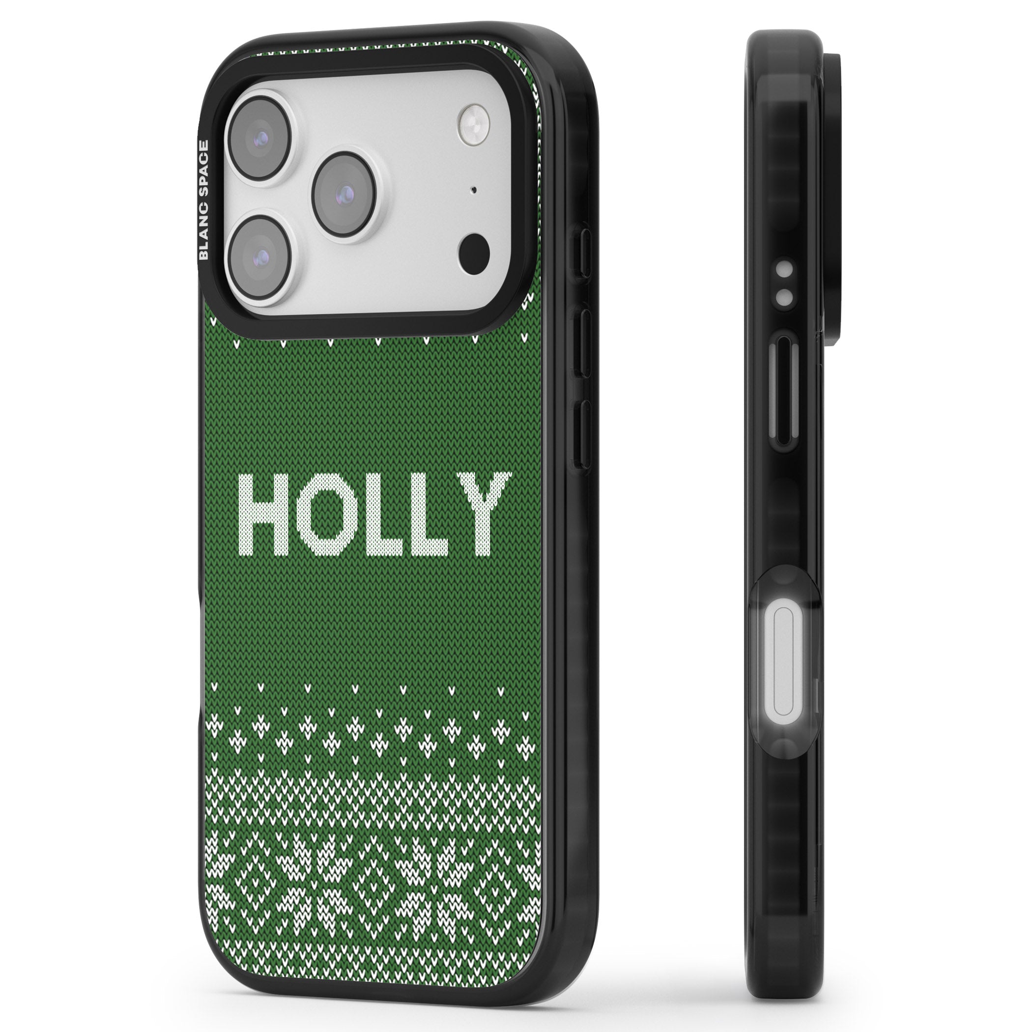 Personalised Green Christmas Knit iPhone 17 Pro Max Impact Black Phone Case Side Profile