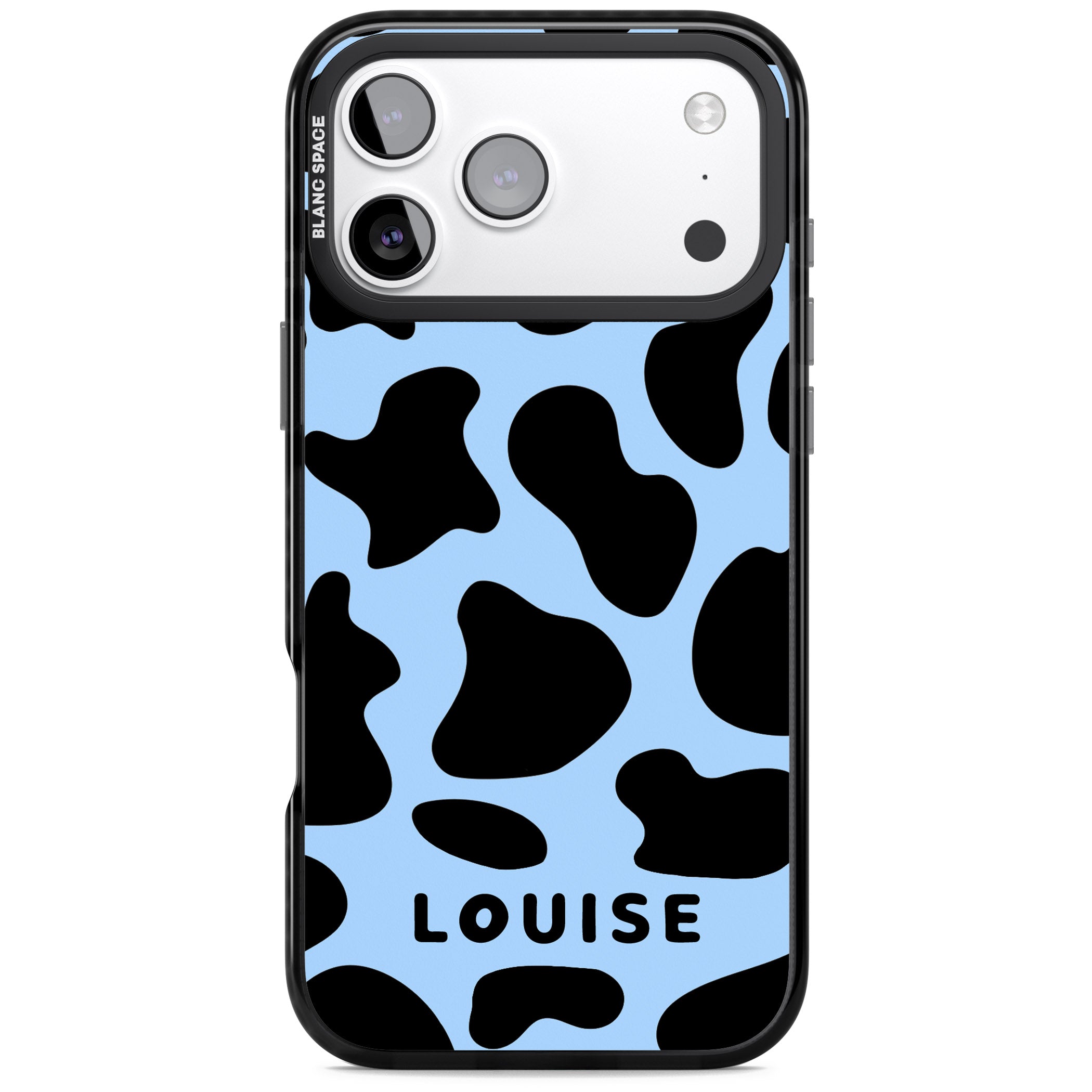 Personalised Blue And Black Cow Print iPhone 17 Pro Max Impact Black Phone Case