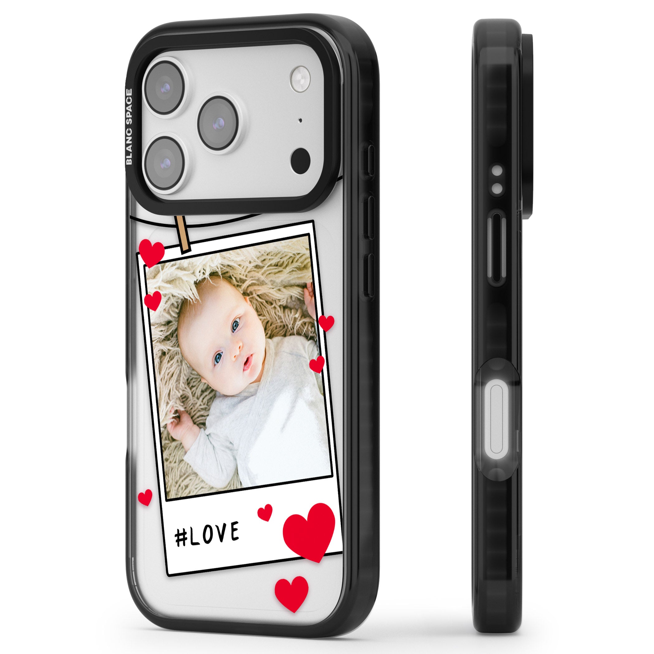 Personalised Paperclip & Hearts Instant Camera Photo iPhone 17 Pro Max Impact Black Phone Case Side Profile