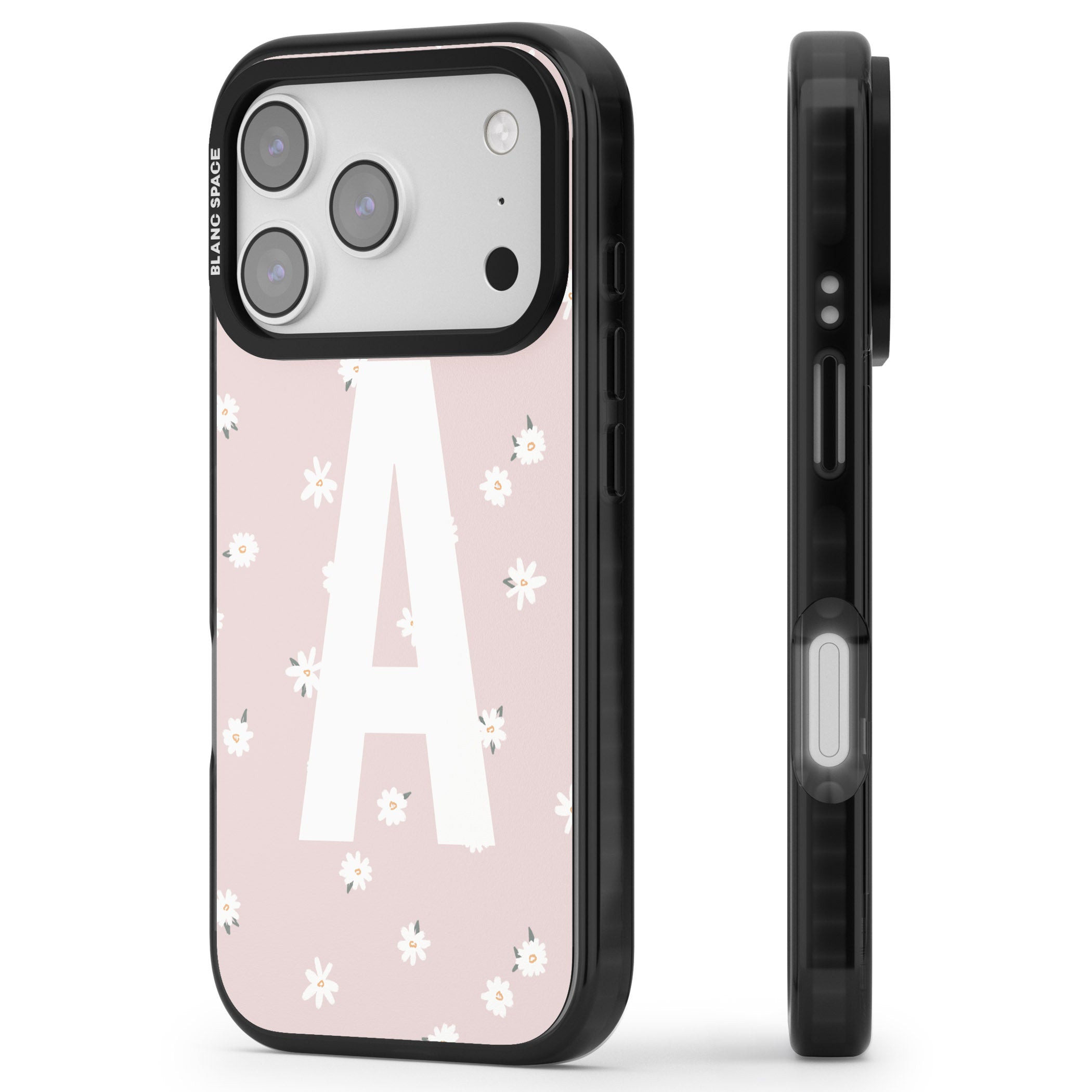 Personalised Pink Daisy Initial iPhone 17 Pro Max Impact Black Phone Case Side Profile