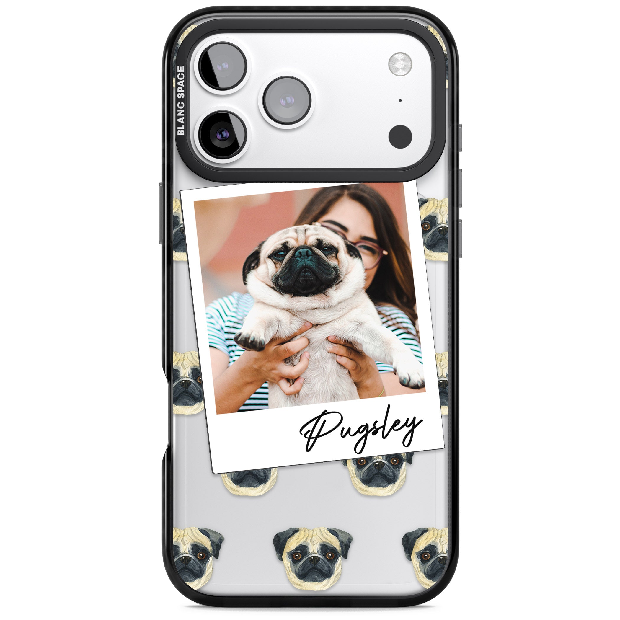 Personalised Pug Instant Camera Photo iPhone 17 Pro Max Impact Black Phone Case