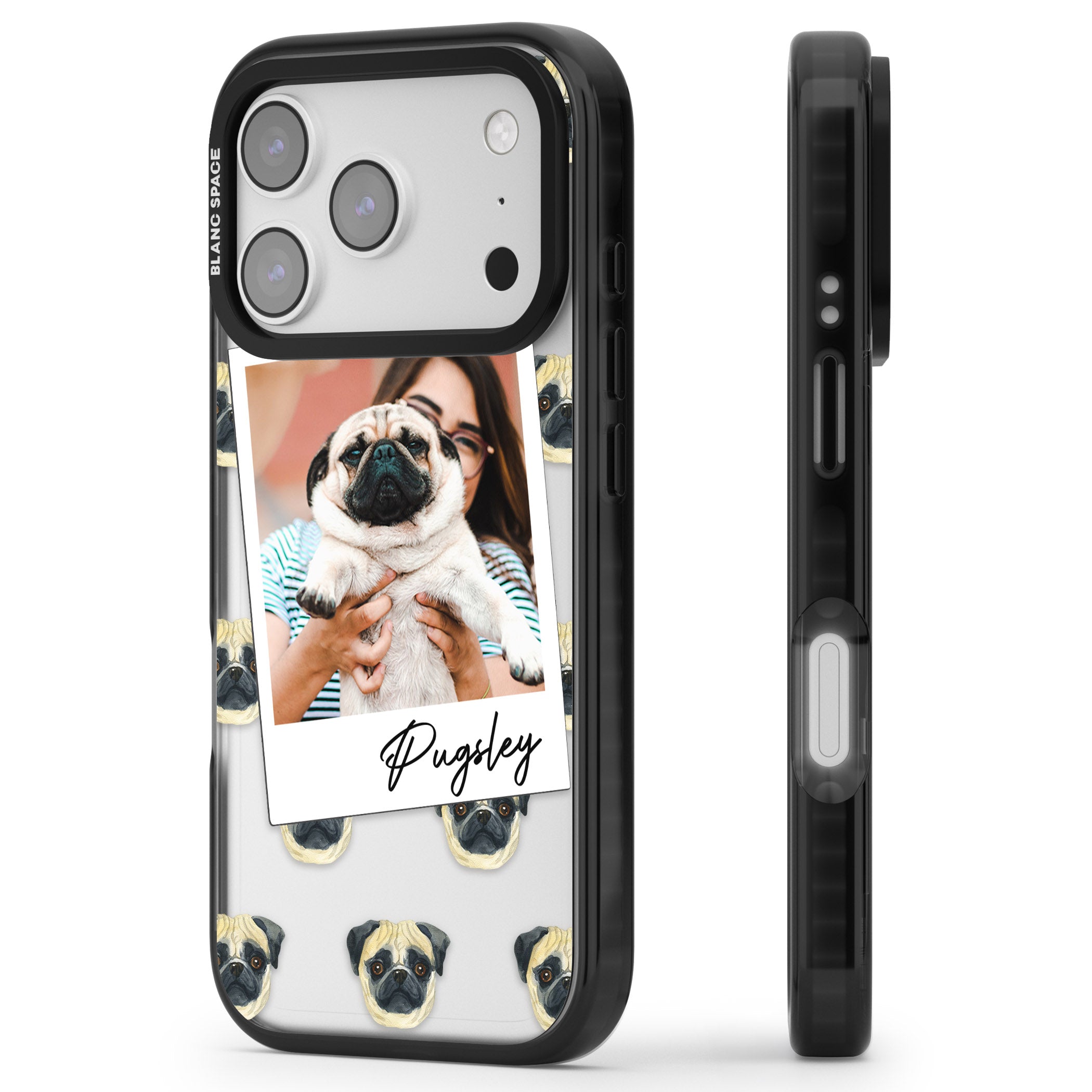 Personalised Pug Instant Camera Photo iPhone 17 Pro Max Impact Black Phone Case Side Profile