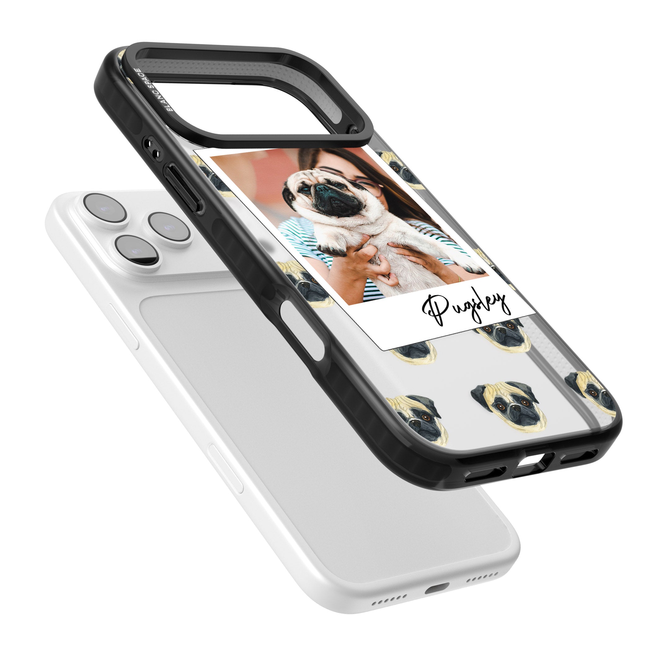 Personalised Pug Instant Camera Photo iPhone 17 Pro Max Impact Black Phone Case Colours