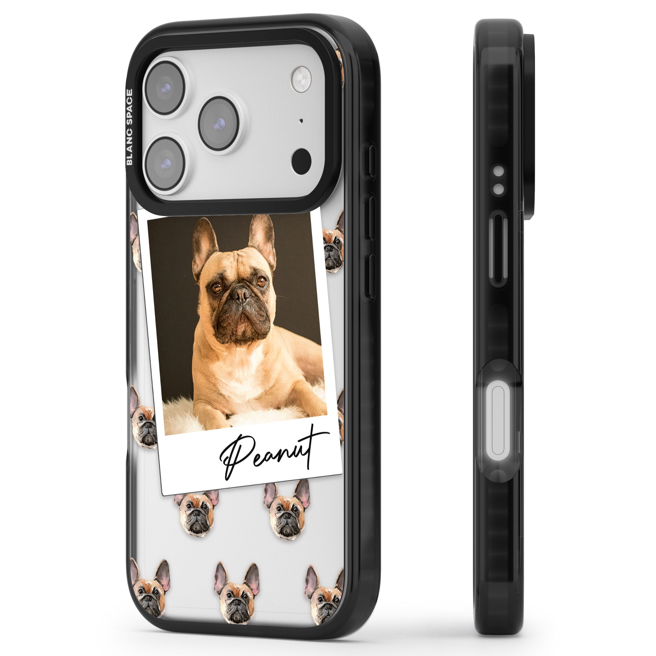 Personalised Tan French Bulldog Instant Camera Photo iPhone 17 Pro Max Impact Black Phone Case Side Profile